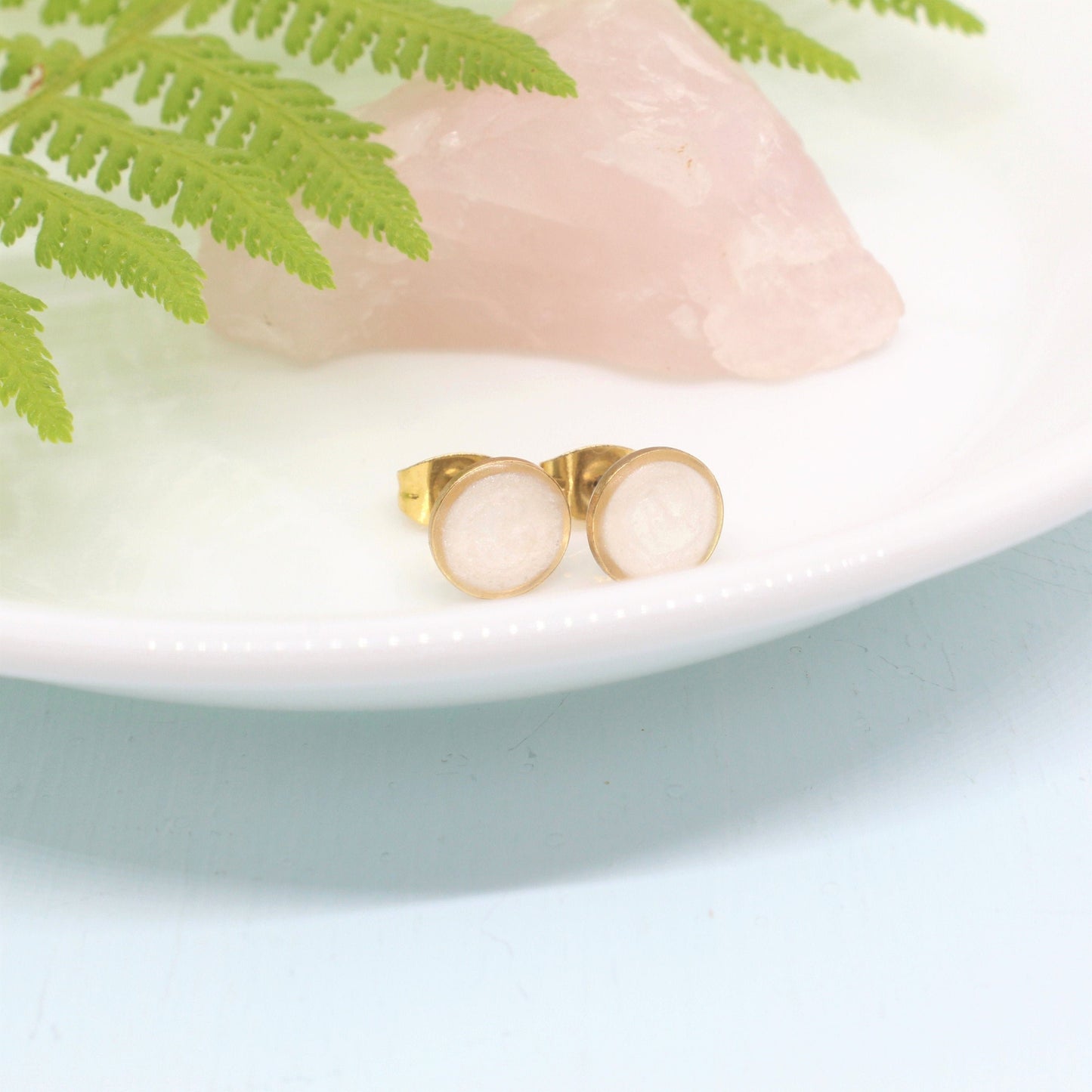 Small Modern Minimalist White and Gold Studs, Resin Earrings, Hypoallergenic Titanium, Geometric Gold Circles, Frosty White, Every day Studs