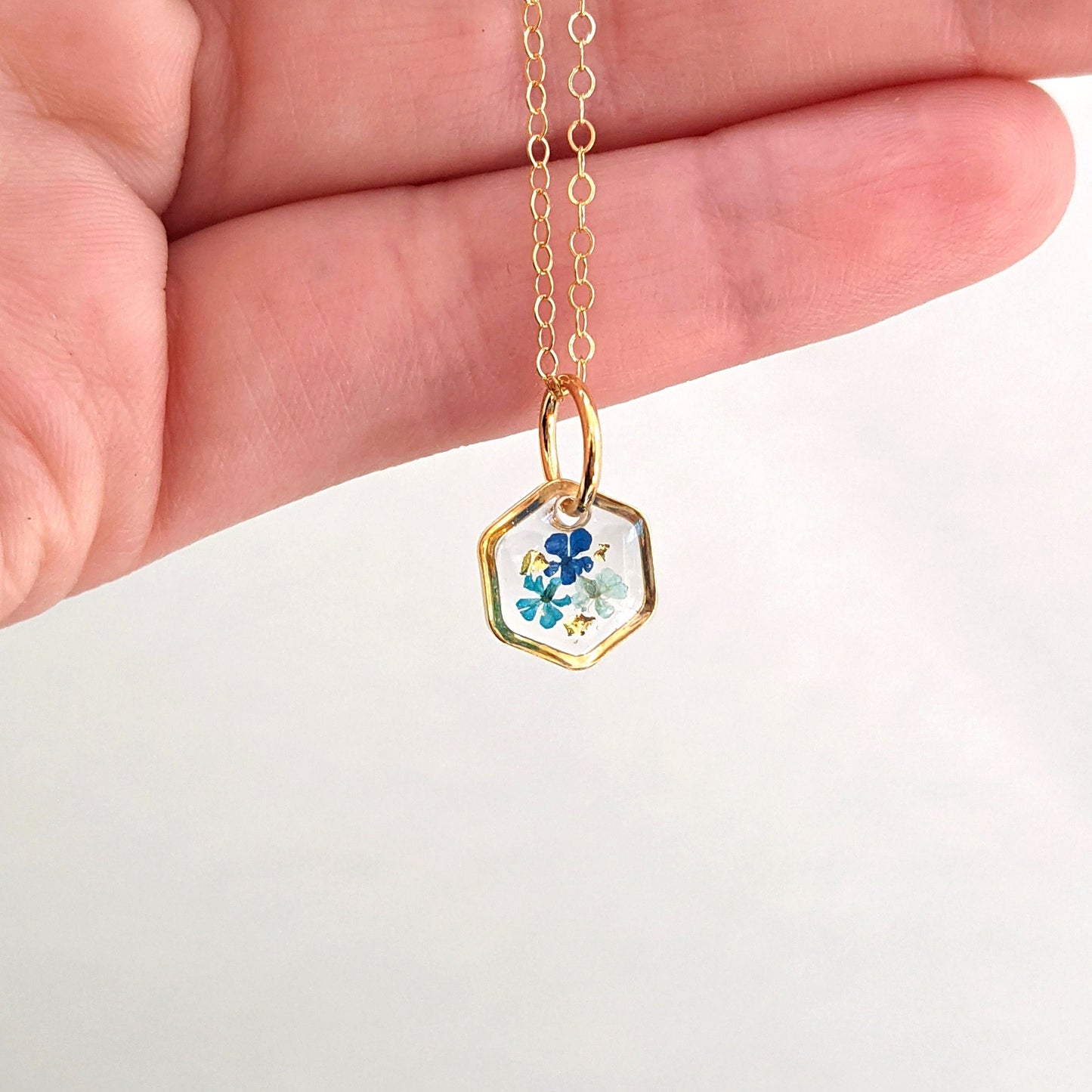 Tiny Real Pressed Flower Earrings, Gold Hexagons in Navy, Teal, Light Blue, Minimalist Studs, Pressed Flower Studs, Titanium posts, jewelry