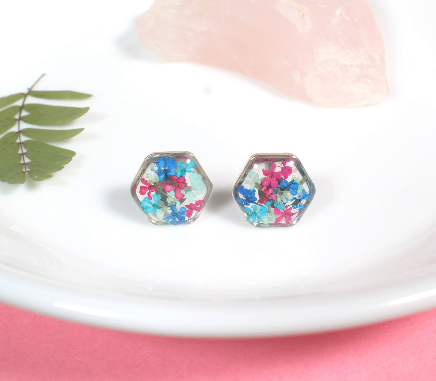 Pressed Flower Studs, Maroon, Teal, Navy Hexagon Studs, Real Flower Jewelry, Dried Flowers, Resin Plant Earrings, Hypoallergenic Titanium