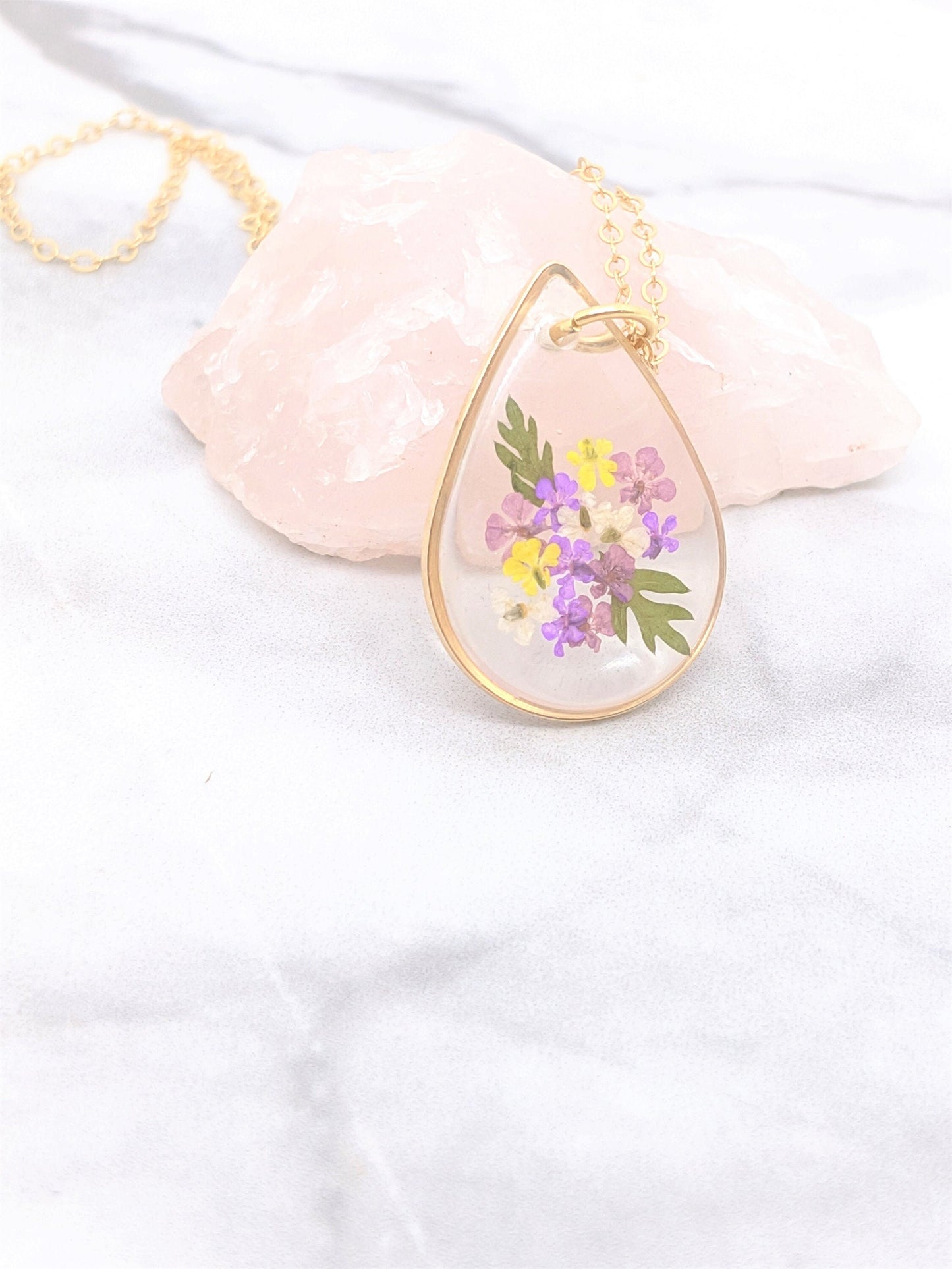 Small Purple Pressed Flower Bouquet Teardrop Pendant Necklace