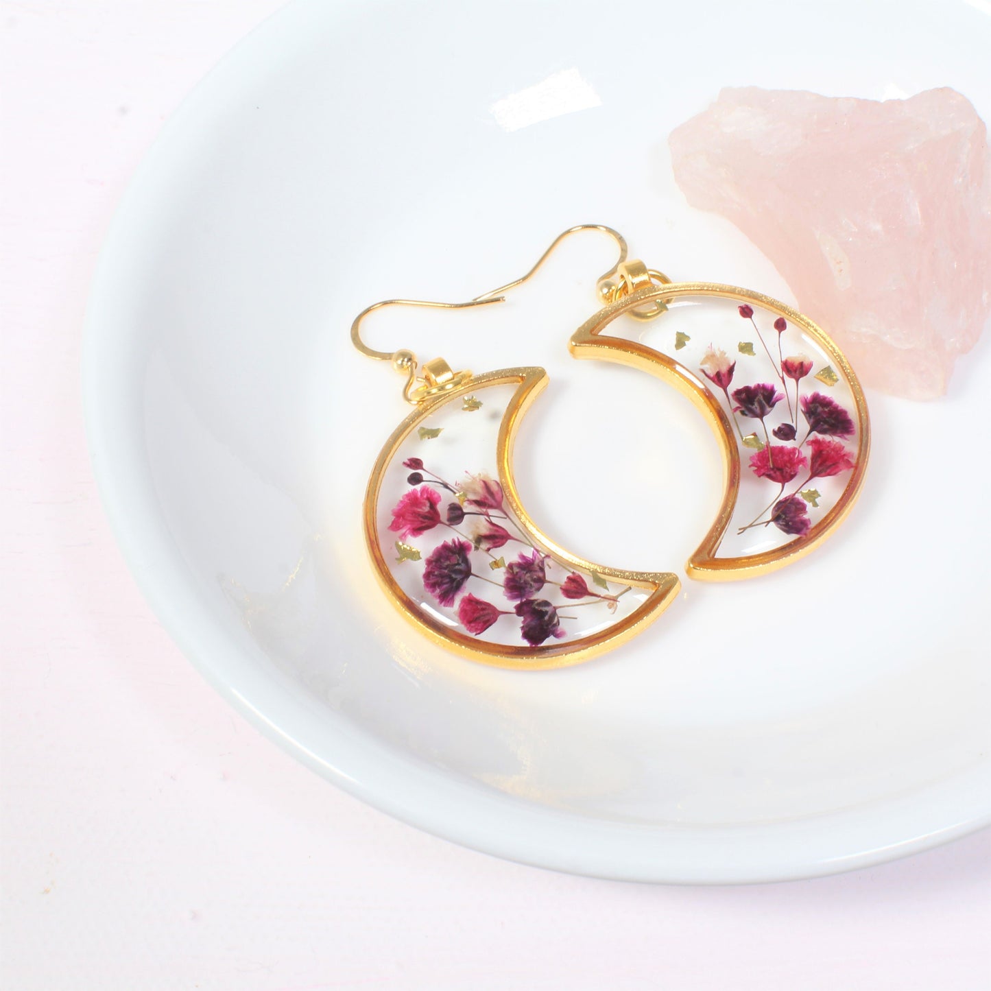 Pressed Flower Earrings, Resin Moon Dangles, Real Dried Flowers, Handmade, Silver, Rose Gold, Bronze, Gold, Botanical, Baby's breath, Nature