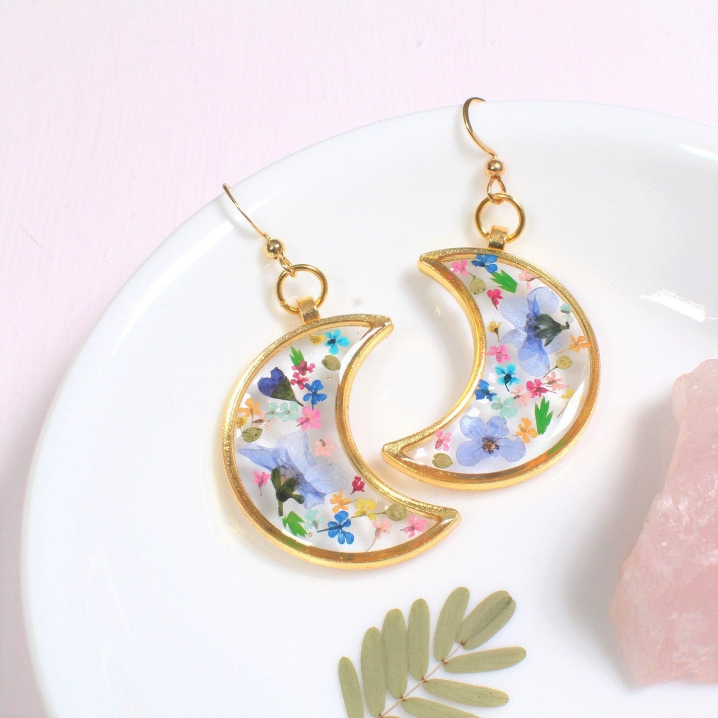 Pressed Flower Moon Earrings, Large Gold Floral Dangle, Resin, Forget me not Flowers, Colorful Dried Flower Earring, Celestial Plant Jewelry