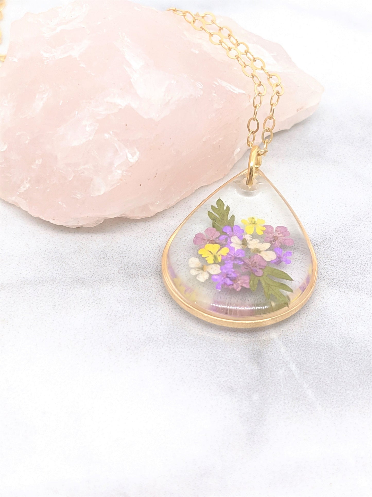 Small Purple Pressed Flower Bouquet Teardrop Pendant Necklace