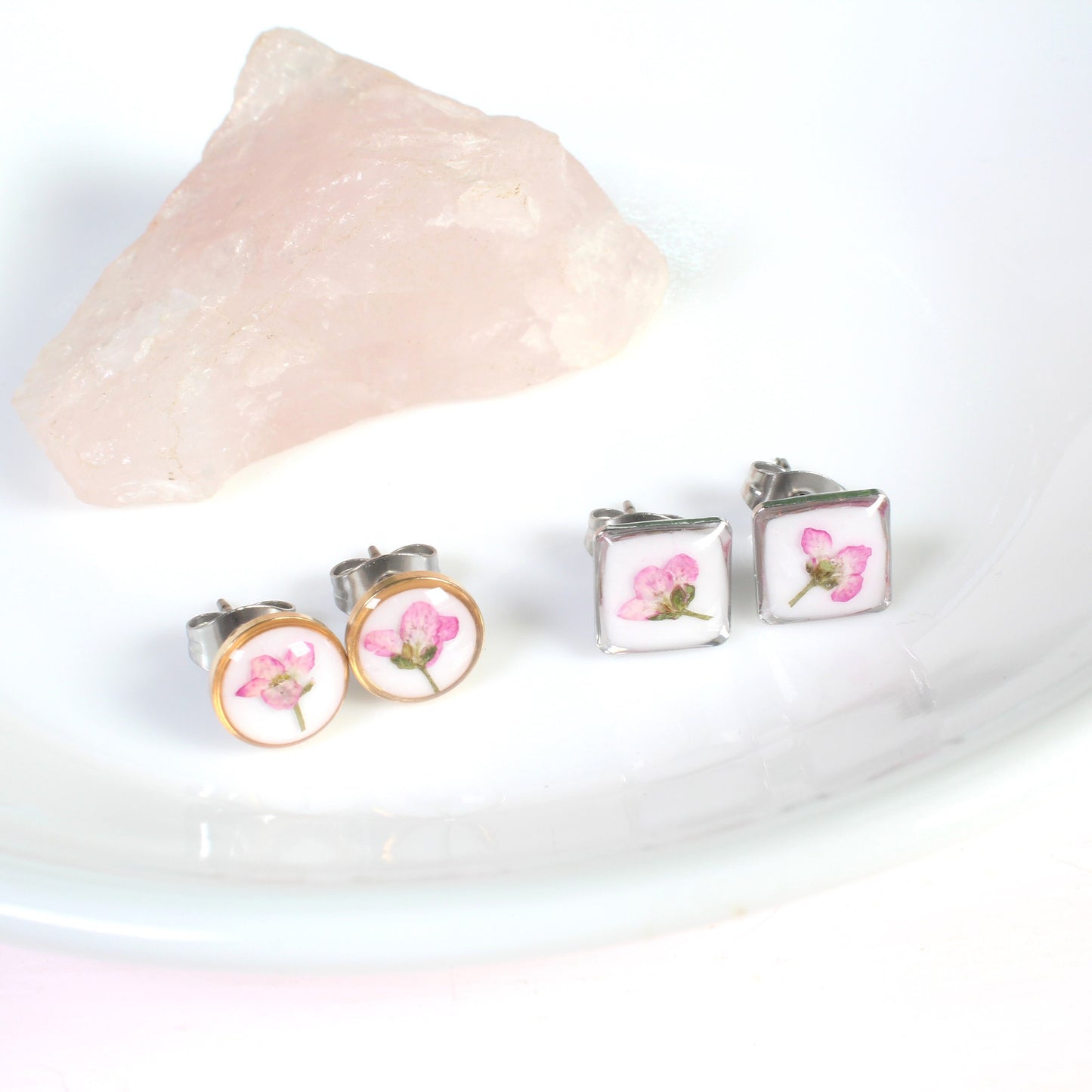 Tiny pressed flower earrings, light pink dry flower studs, hypoallergenic titanium, botanical wildflower jewelry, minimalist, small handmade