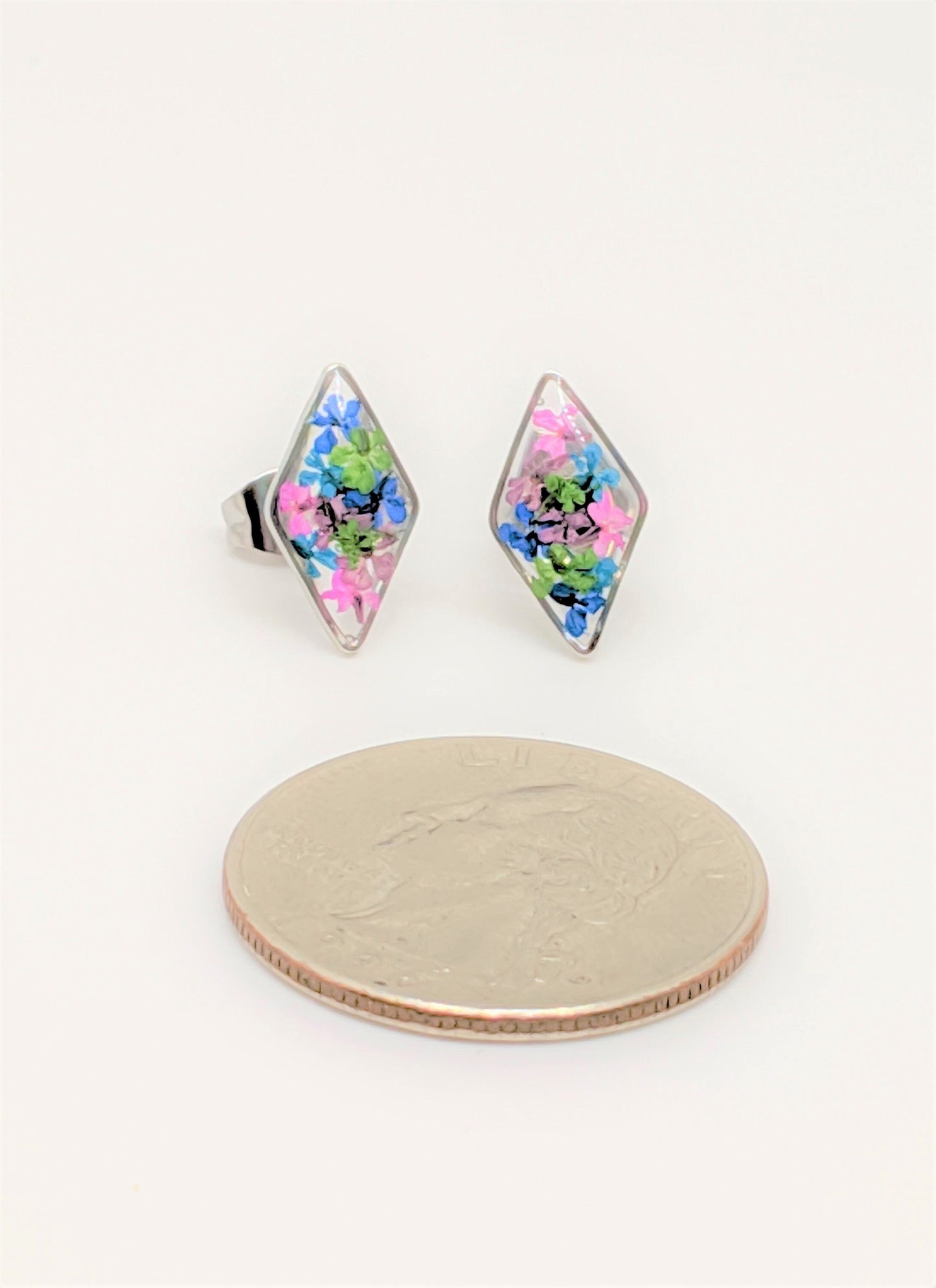 Silver Diamond-Shaped Rhombus Post Earrings with Real Pressed Flowers in Navy, Fuchsia, and Green, Titanium, Real flower jewelry, colorful