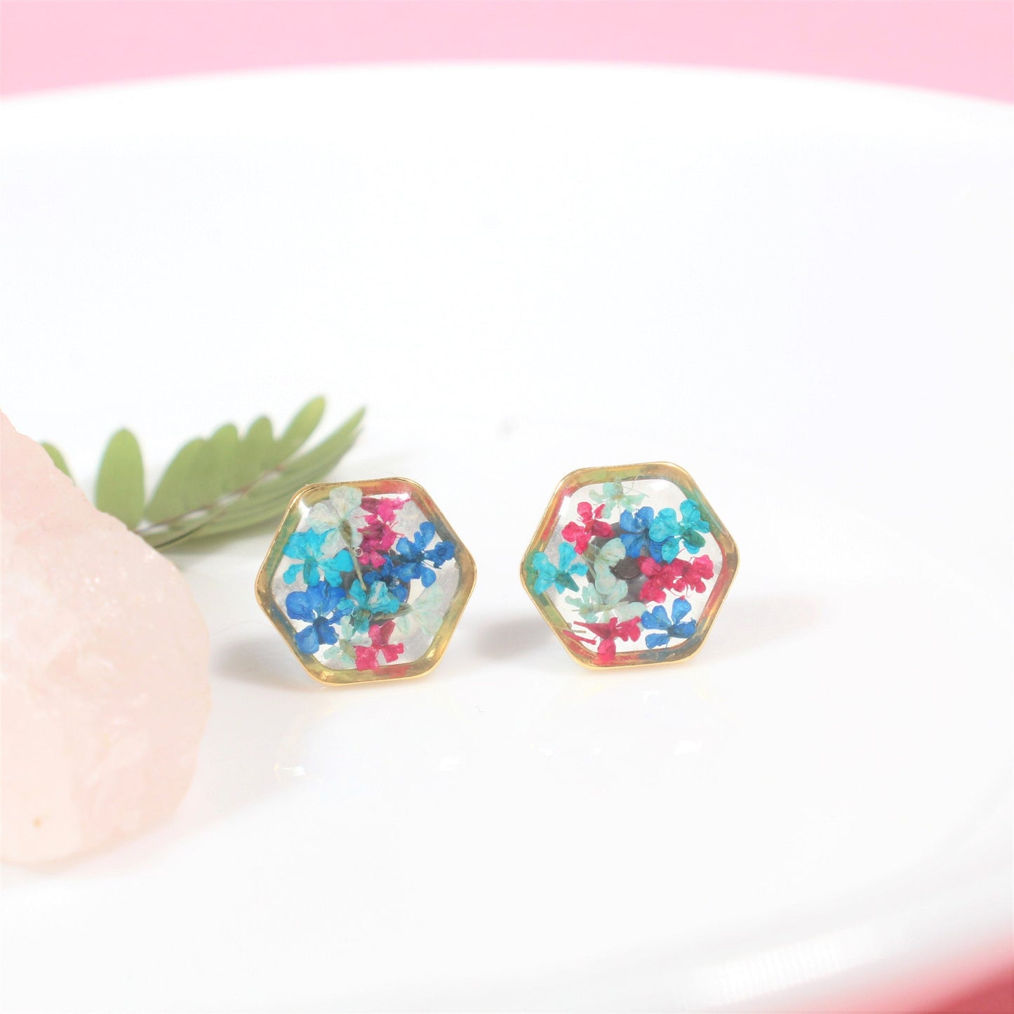 Pressed Flower Studs, Maroon, Teal, Navy Hexagon Studs, Real Flower Jewelry, Dried Flowers, Resin Plant Earrings, Hypoallergenic Titanium