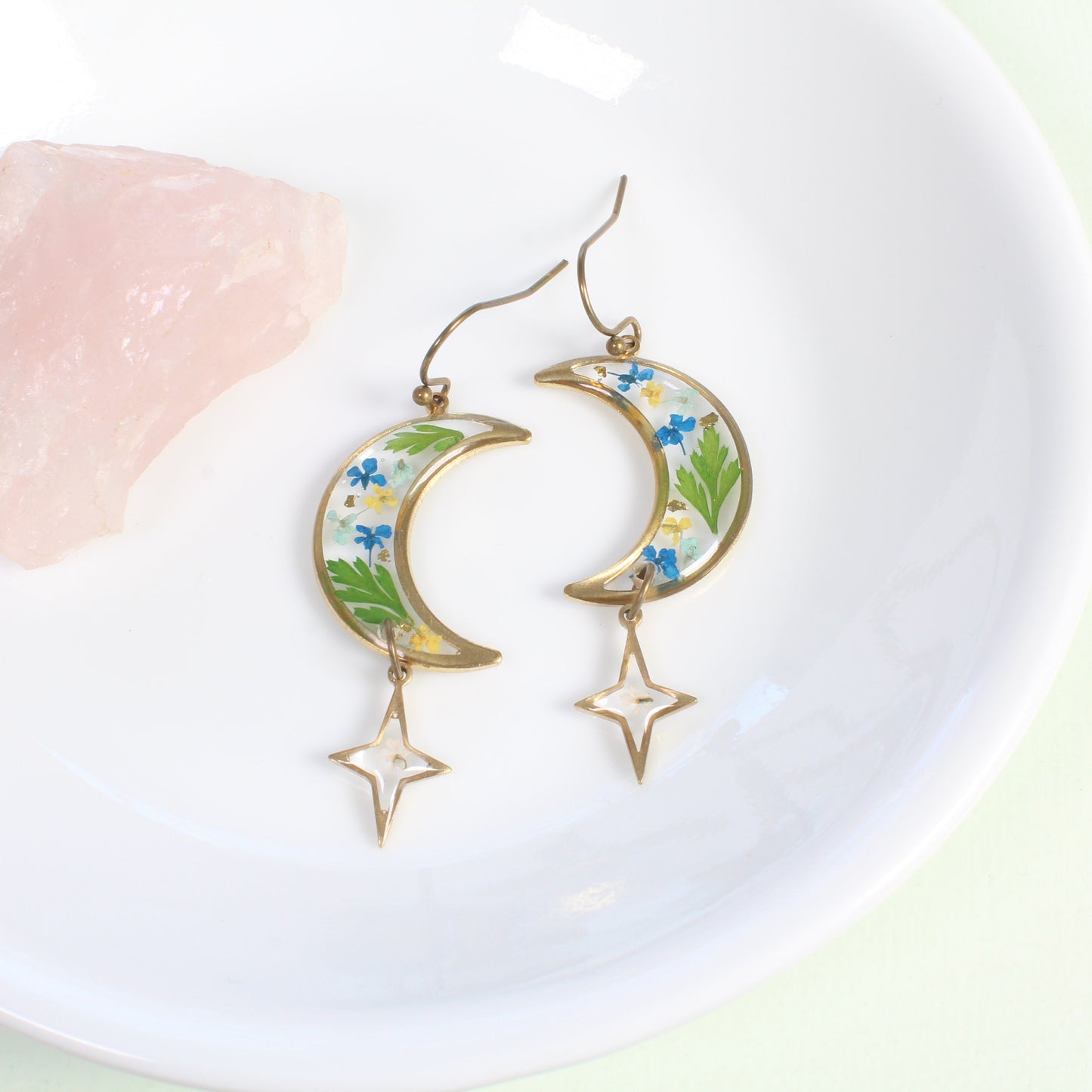 Pressed flower moon and star earrings, resin dried flower dangles, botanical lunar jewelry, handmade, celestial, fern leaves, nature, brass