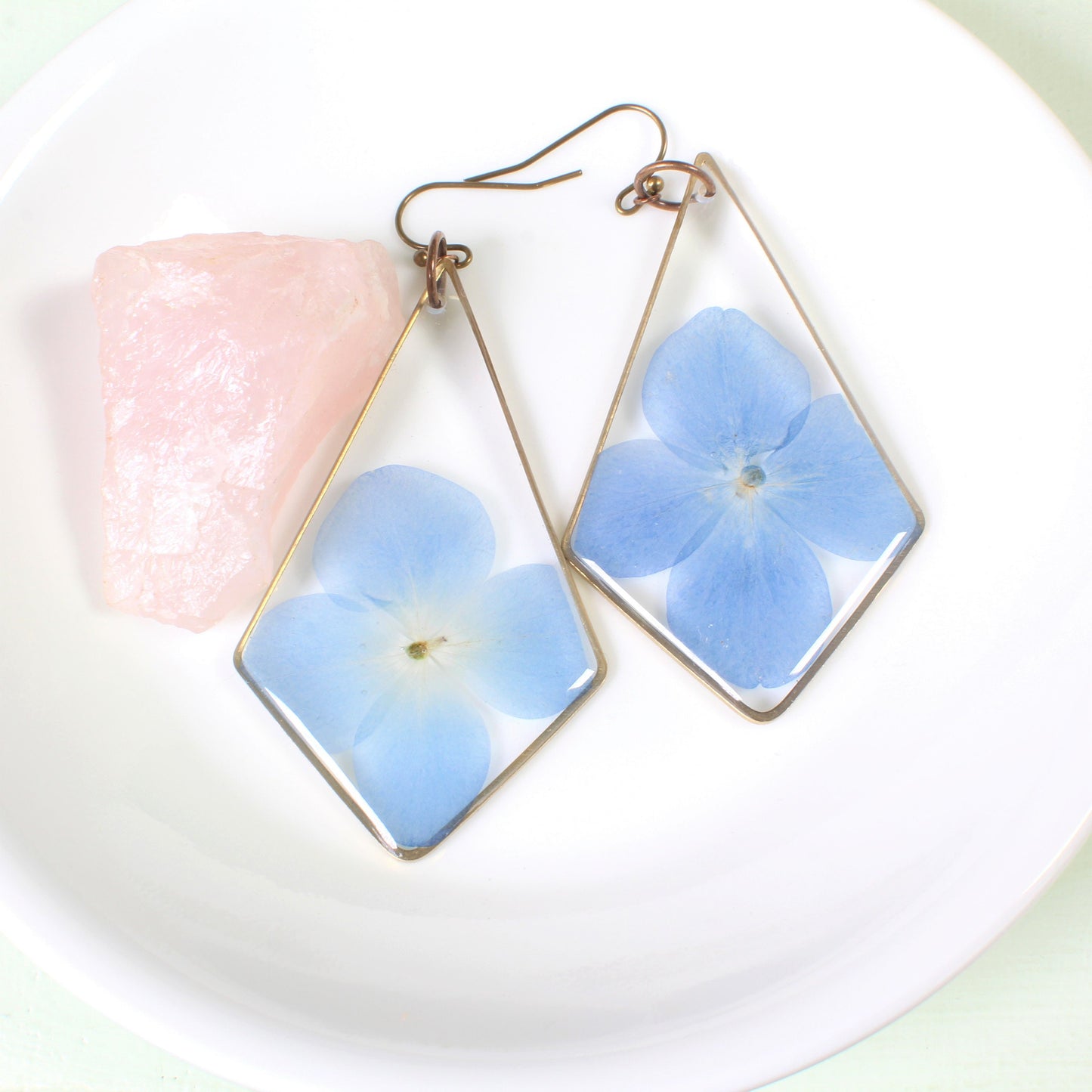 Large hydrangea earrings, blue pressed flower dangle earrings, resin dried flower jewelry, handmade, kite shaped, triangle resin earring