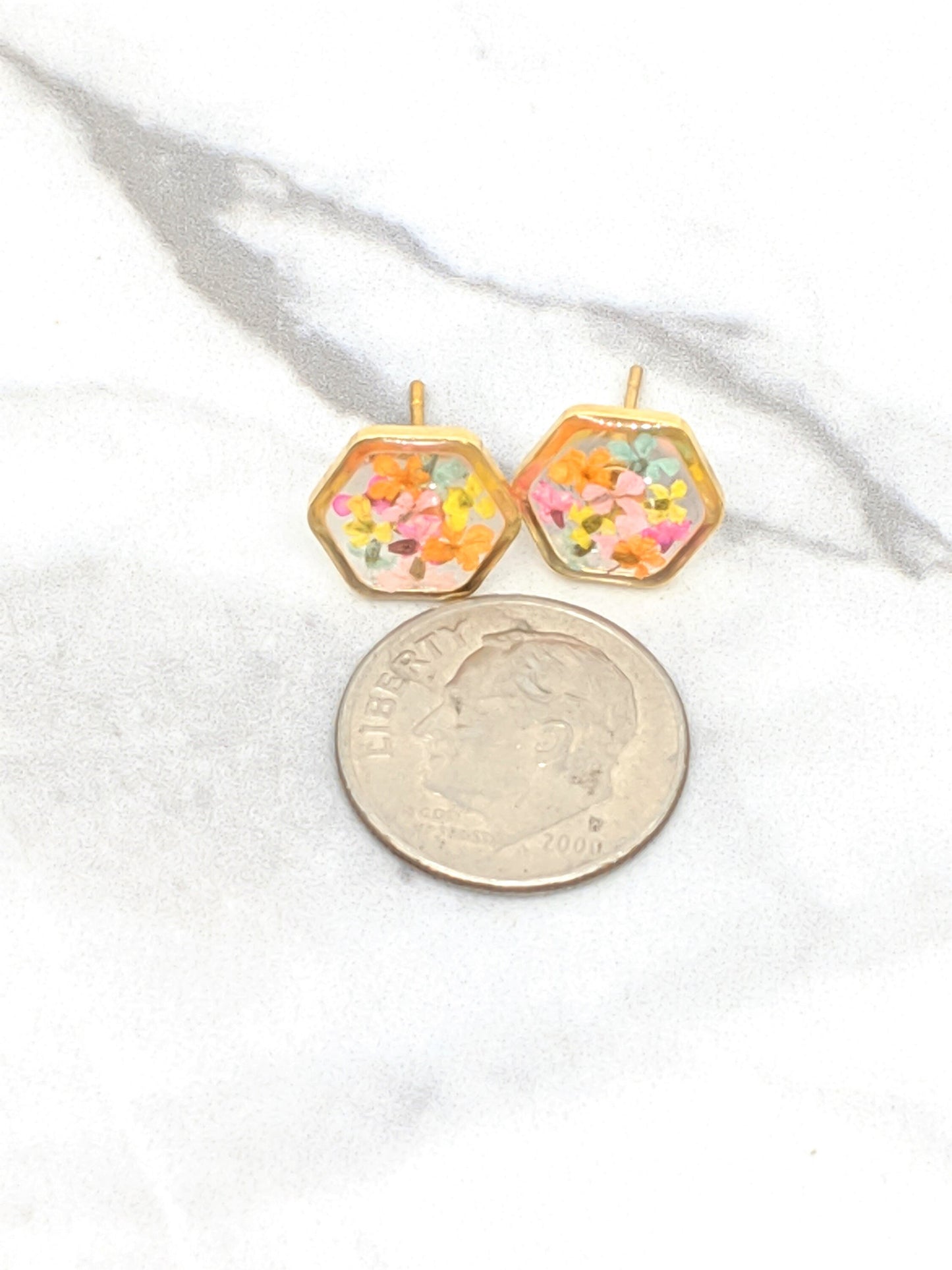 Real Pressed Flower 24K Gold Plated Hexagon Stud Earrings, Pastel Cotton Candy Colors, Dry Flower Jewelry, Titanium posts, Botanical