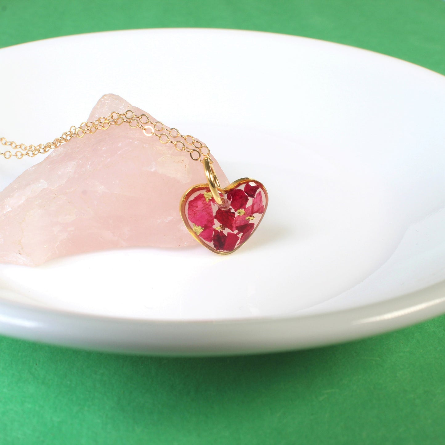 Heart Necklace, Rose Petals in Resin, Gold, Silver, Pressed Flower Jewelry Set, Stud Earrings, Dried Flowers, Mother's Day Gift for Her