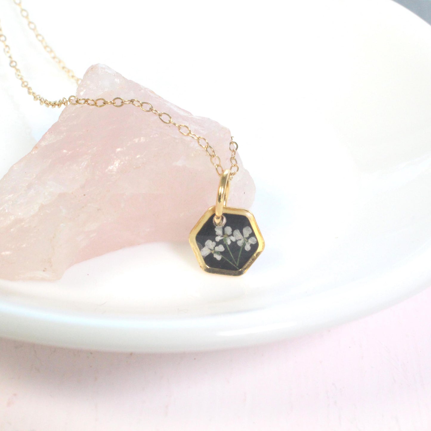 Tiny real pressed flower jewelry set, hexagons, gold silver black white, dainty, minimalist, titanium, handmade resin, mother's day gift