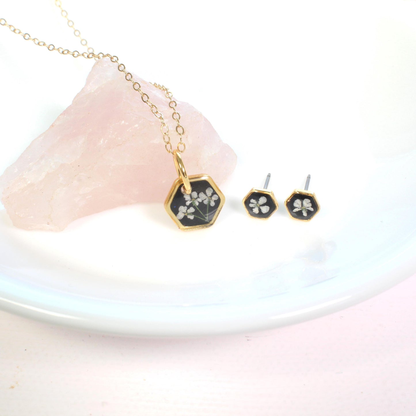 Tiny real pressed flower earrings, Gold hexagons, white, black, minimalist studs, pressed flowers, titanium posts, handmade resin jewelry