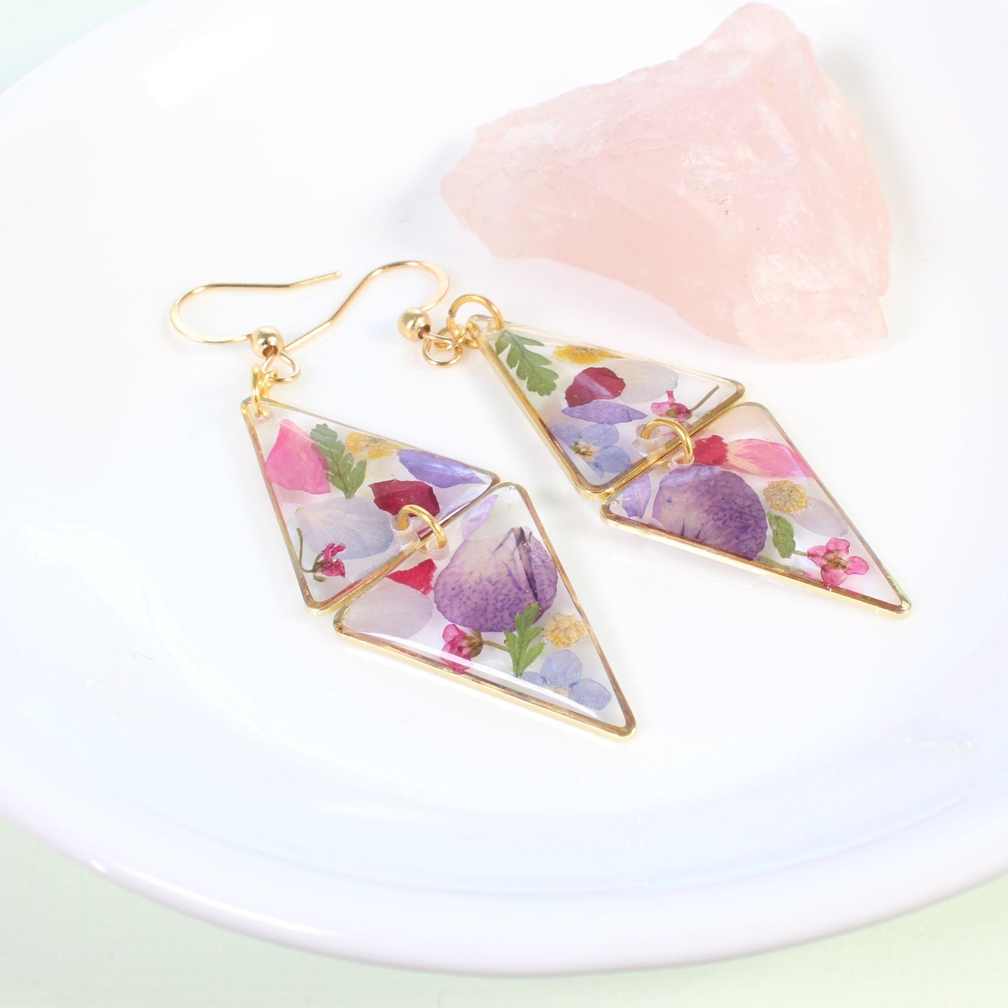Pressed flower earrings, geometric resin wildflower dangles, handmade botanical jewelry, triangle, unique, bespoke, colorful, gardener gift