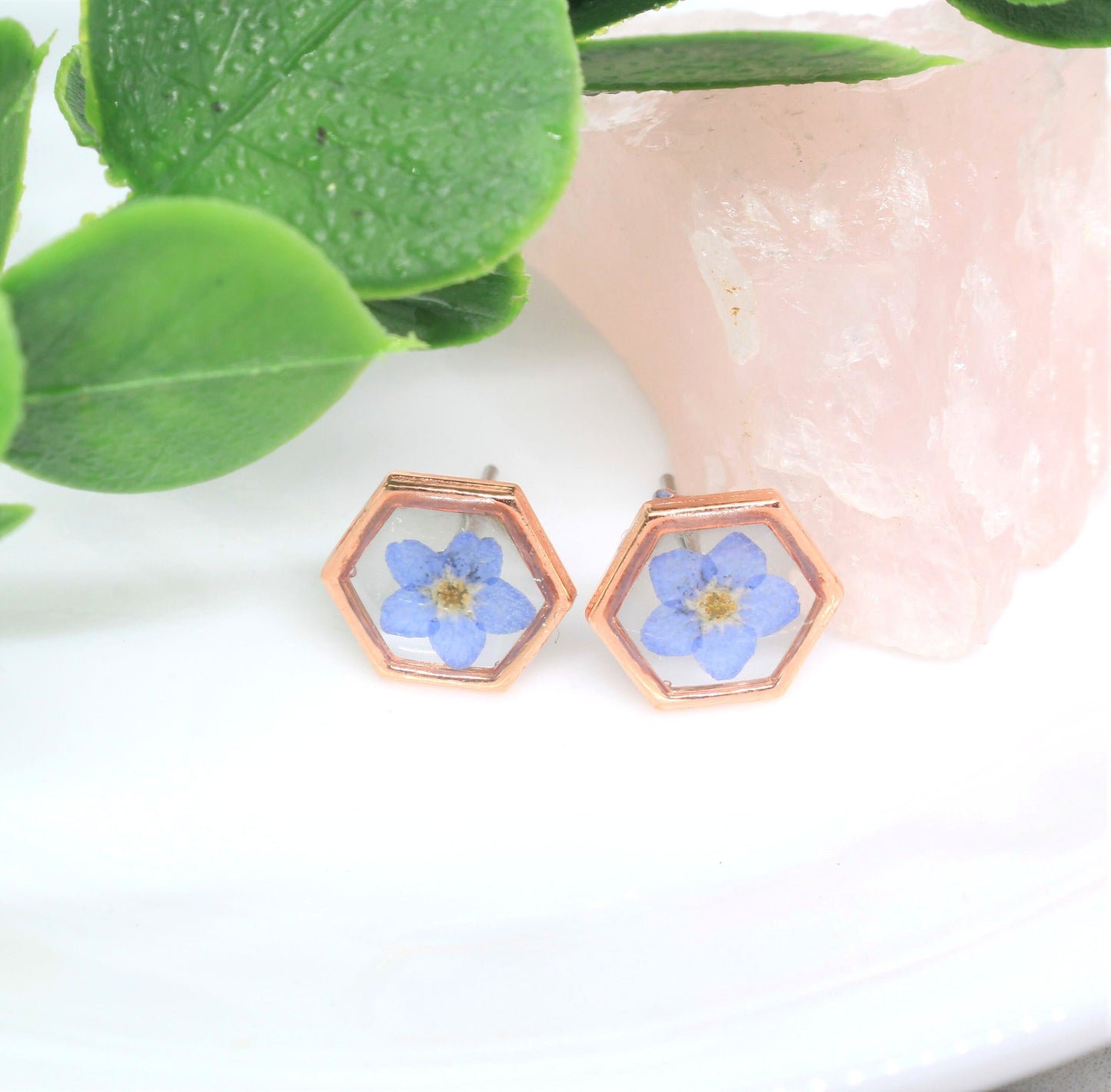 Pressed Flower Earrings, Rose Gold, Blue Forget-me-not Studs, Real Dried Flower Posts, Pressed Flower Jewelry, Botanical Forgetmenot Jewelry