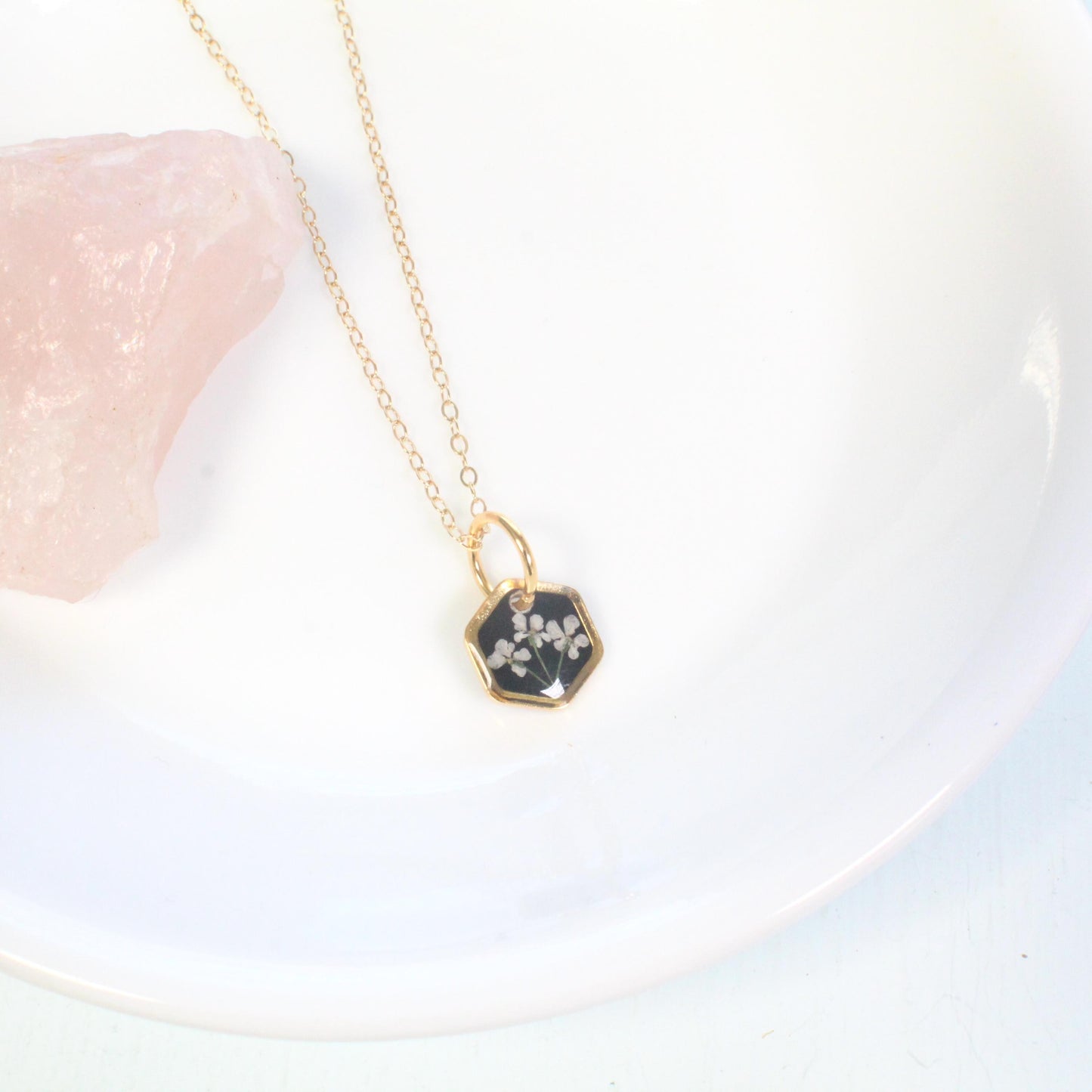 Tiny real pressed flower jewelry set, hexagons, gold silver black white, dainty, minimalist, titanium, handmade resin, mother's day gift