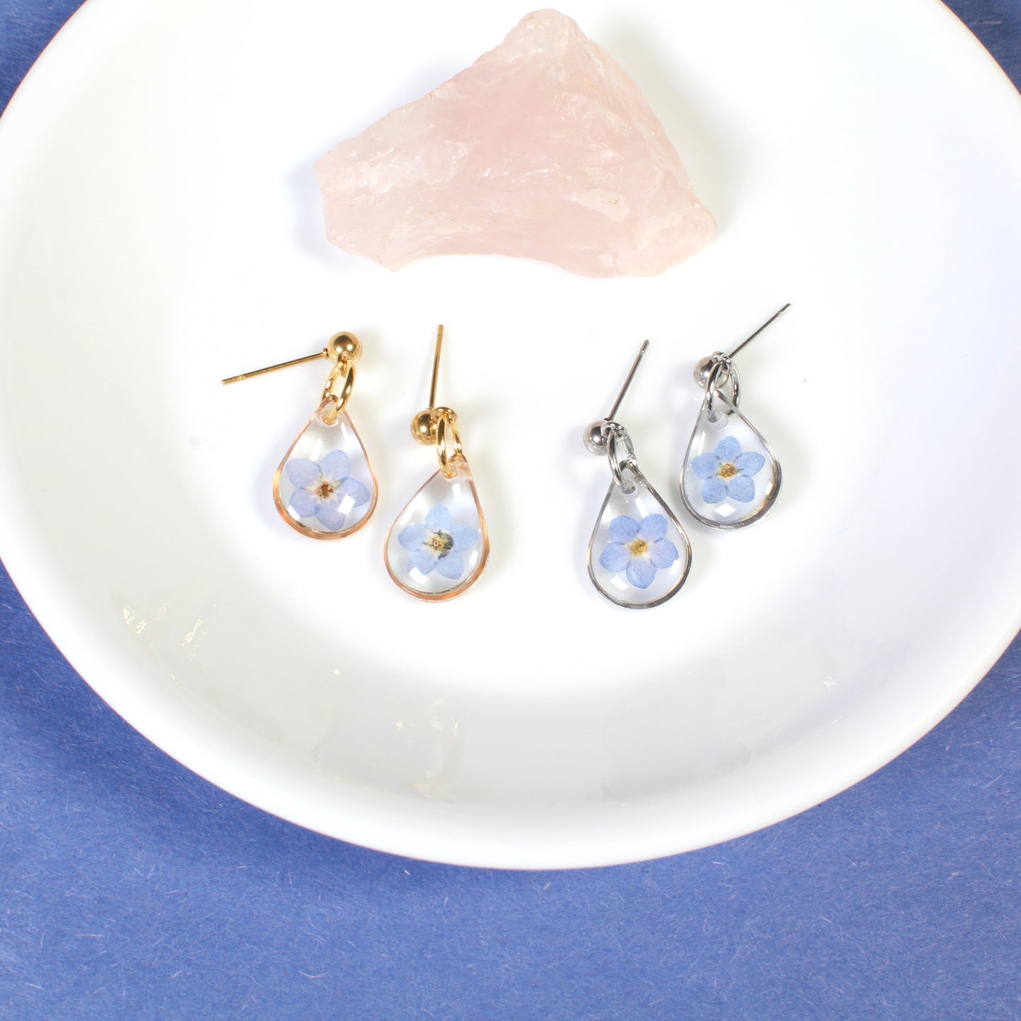 Tiny gold forget me not earrings, small teardrop dangle studs, handmade resin jewelry, pressed flowers, long distance friendship gift nature