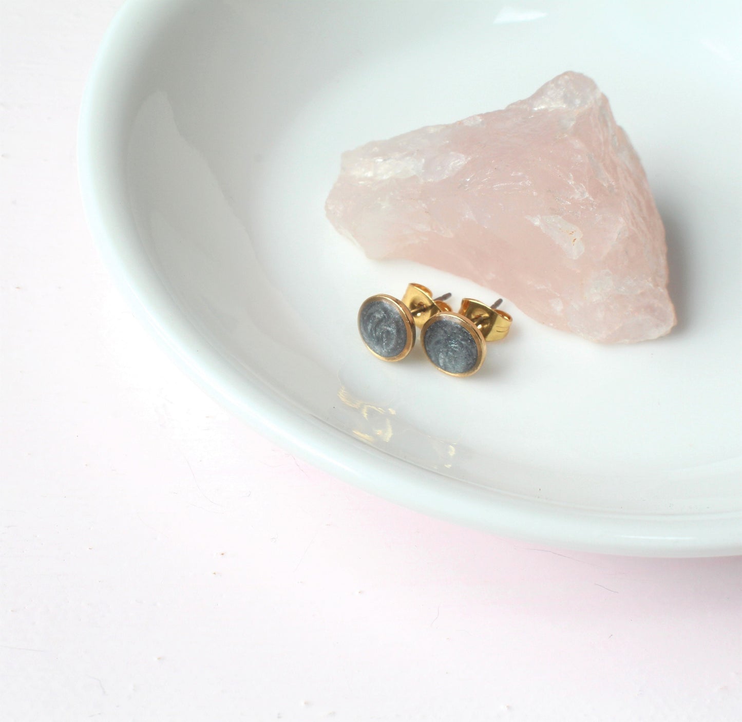 Small Modern Minimalist Gray Studs, Resin Earrings, Hypoallergenic Titanium, Geometric, Gold Circles Slate Gray, Layering, Accent Stud Posts