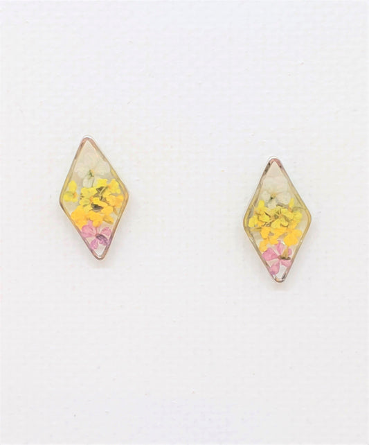 Diamond Ombre Pressed Flower Stud Earrings in Yellow and Dusty Purple