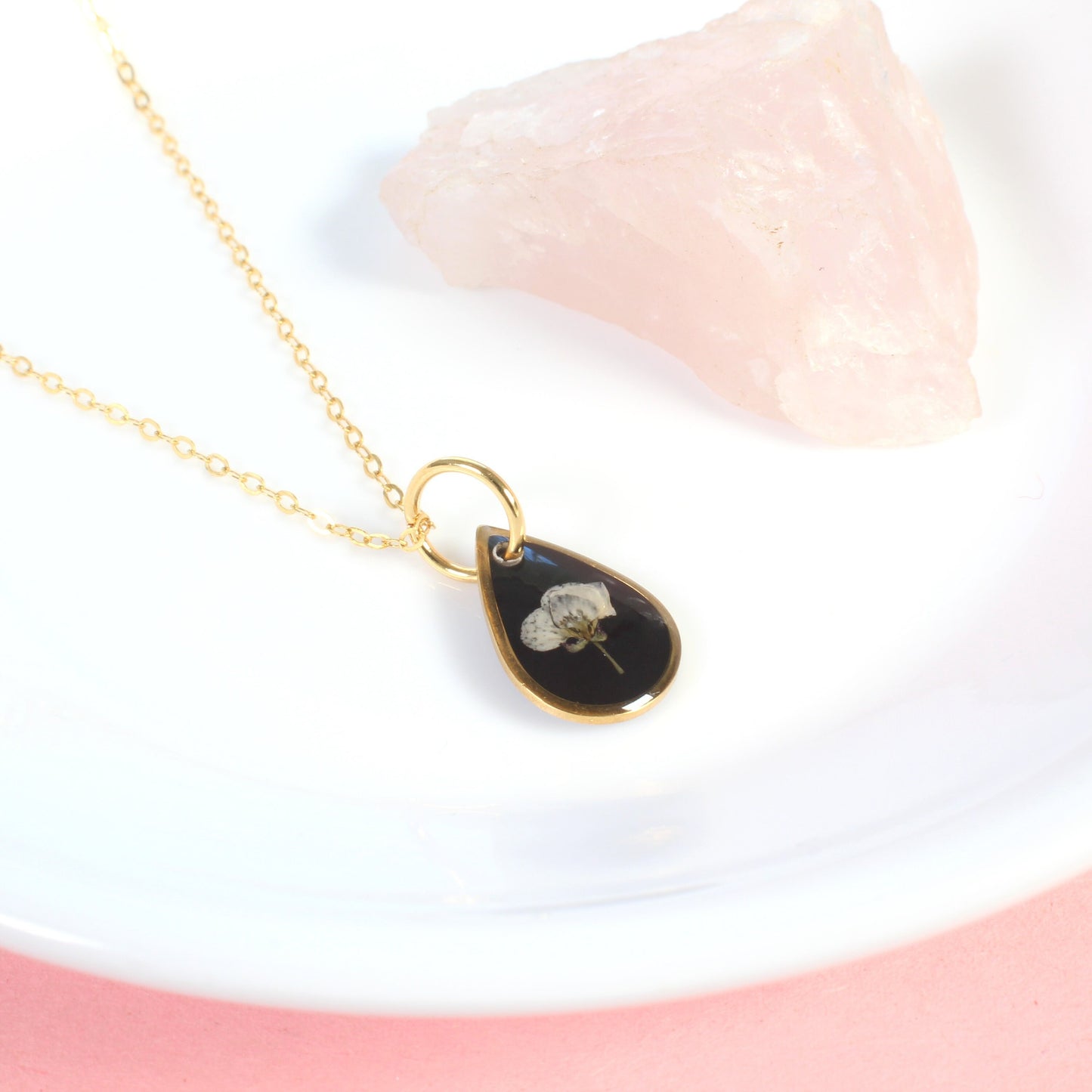 Small Pressed Flower Teardrop Necklaces in Black and White