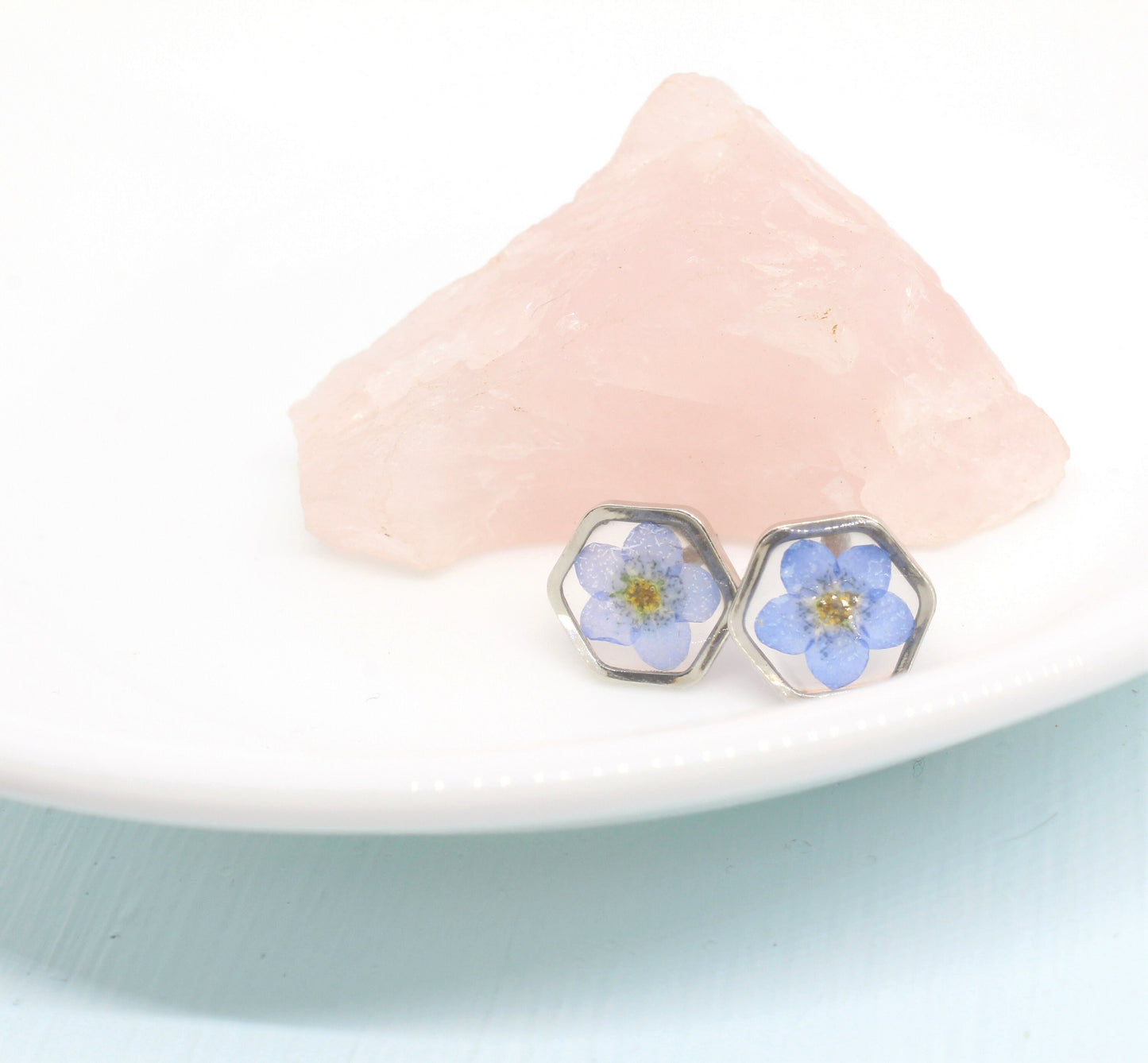 Pressed Flower Earrings, Forget-Me-Not Studs, Hypoallergenic Titanium Posts, Real Dry Flower, Plant, Hexagon, Gold, Silver, Preserved Nature