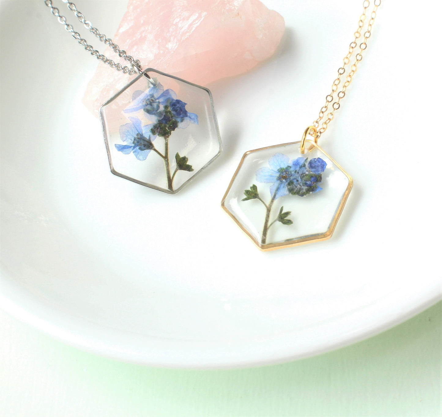 Hexagon Forget-me-not Resin Necklace