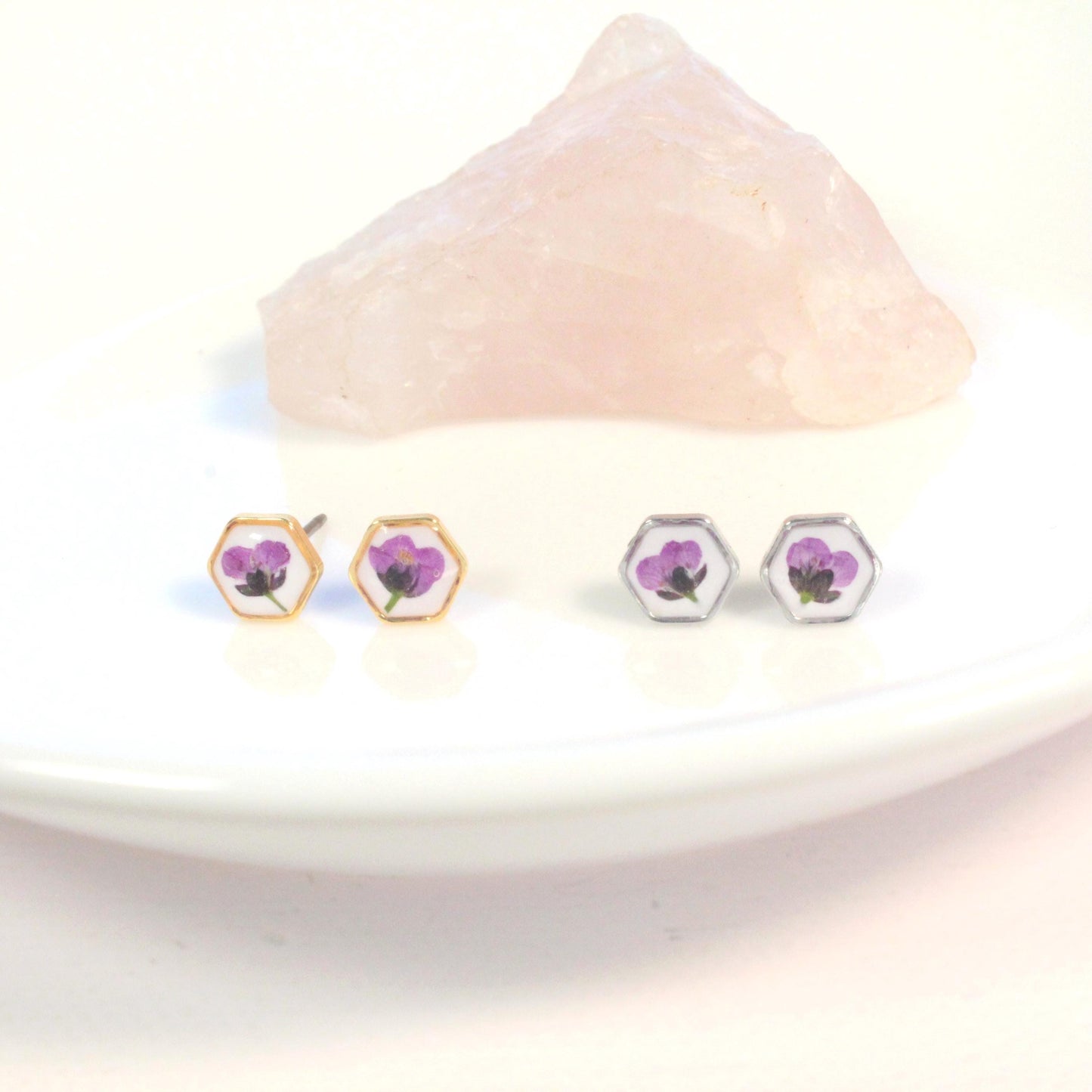 Teeny tiny gold pressed flower earrings, hexagon titanium studs, botanical plant jewelry, nature lover gift, dry flower resin posts, purple