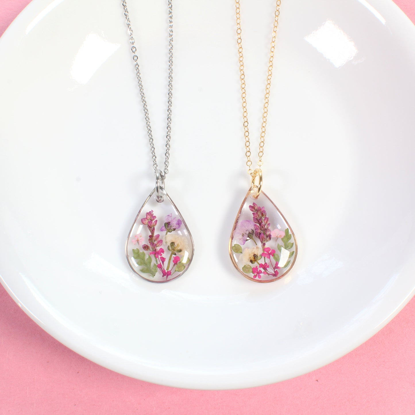 Small Pressed Flower Wildflower Teardrop Necklace
