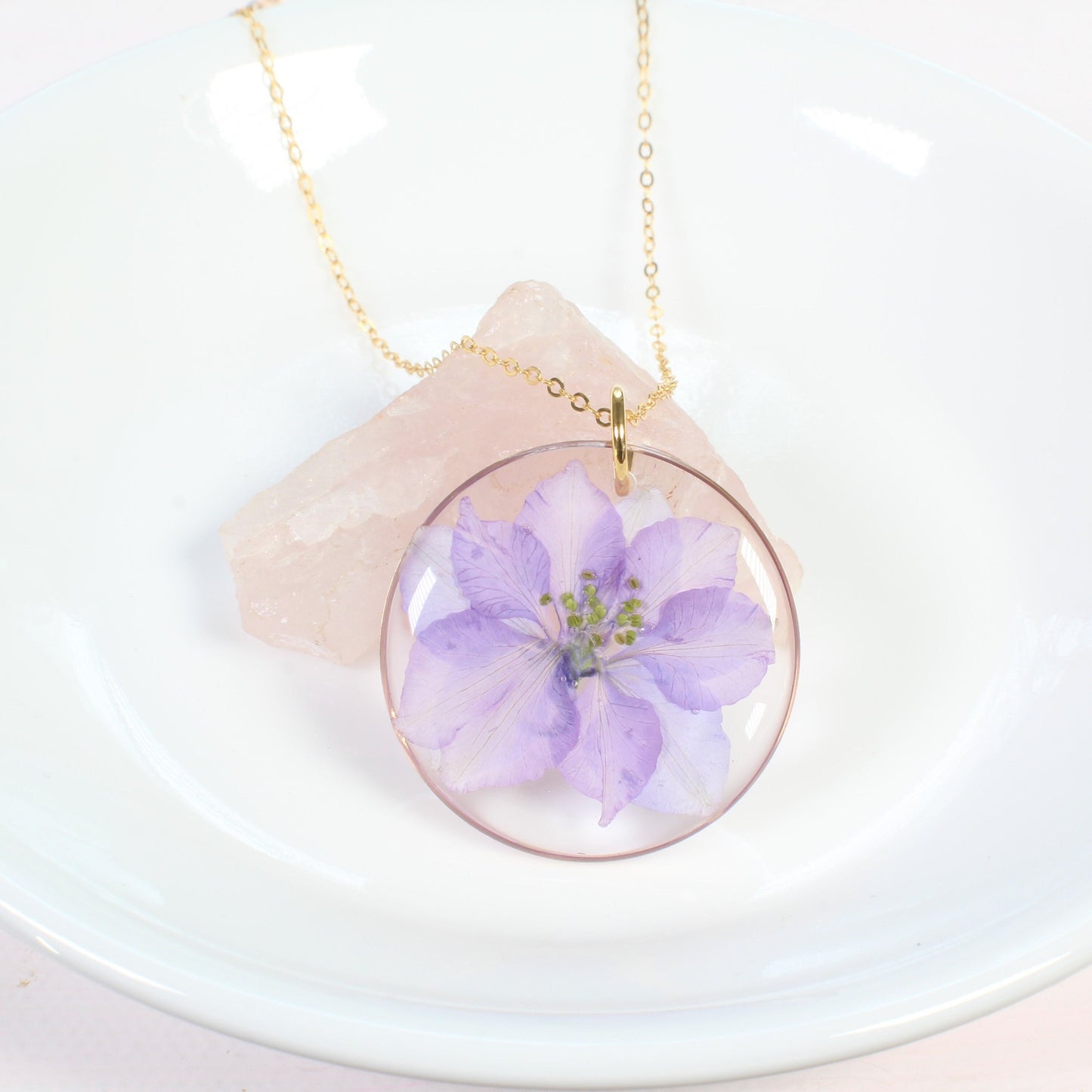Light purple pressed flower necklace, July birth flower jewelry, real dried flower pendant, handmade resin jewelry, gold filled, larkspur
