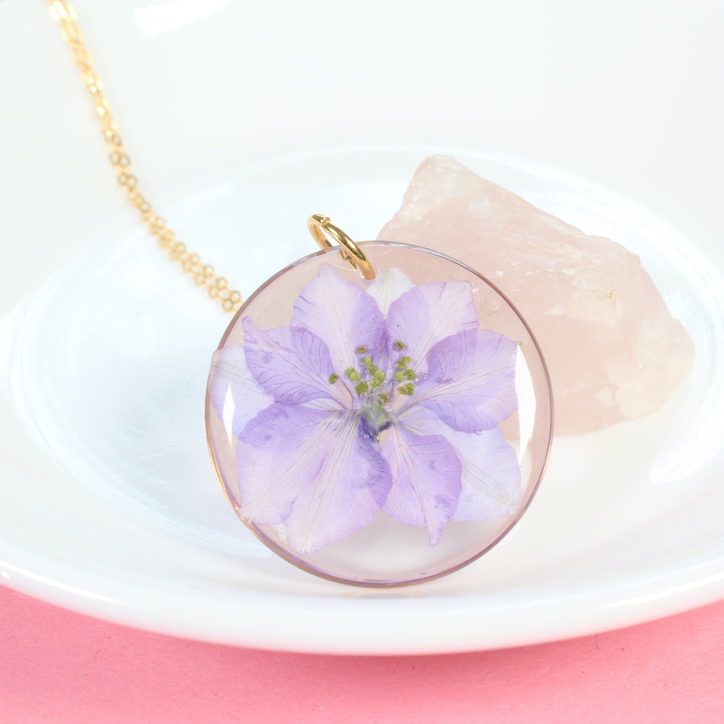 Light purple pressed flower necklace, July birth flower jewelry, real dried flower pendant, handmade resin jewelry, gold filled, larkspur