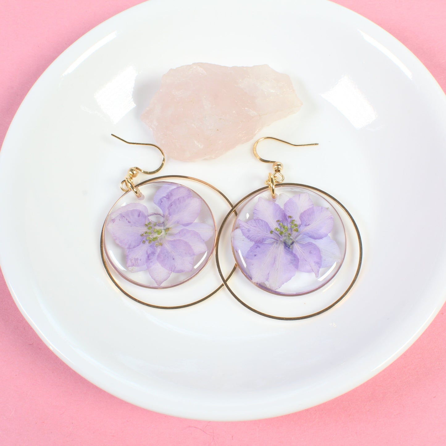 Light purple pressed flower earrings, large resin statement dangles, July birth flower jewelry, handmade, gold, silver, botanical, nature