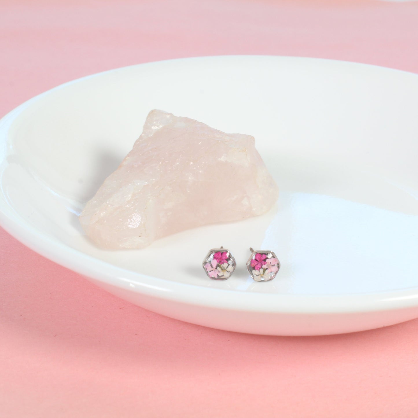 Tiny pressed flower earrings, pink resin studs, micro jewelry, handmade hexagon post earrings, hypoallergenic titanium, teeny, gold, silver
