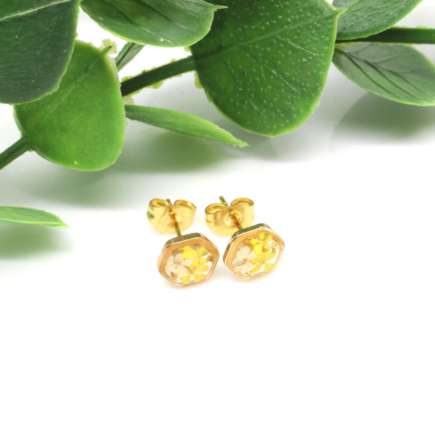 Tiny Pressed Flower Stud Earrings, Gold Hexagon Studs, Yellow Flowers, Pressed Flower Jewelry, Real Pressed Dry Flowers, Titanium, Resin