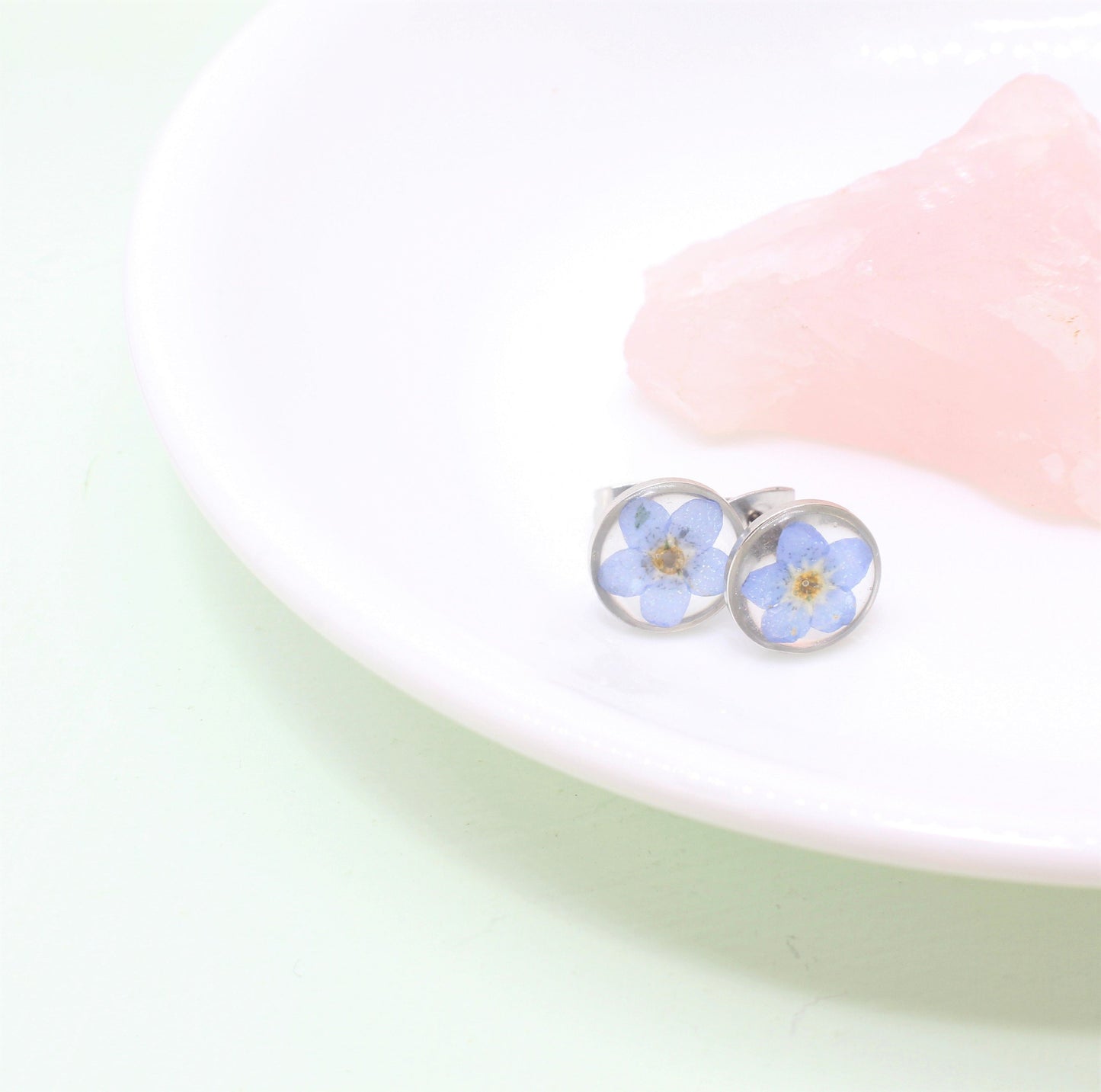 Pressed Flower Earrings, Blue Forget-me-not Studs, Silver Circle Earring, Hypoallergenic titanium Jewelry, Real DriyFlowers Resin Plant Stud
