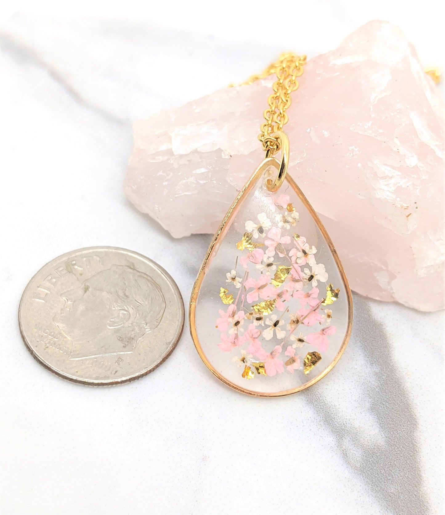 Small Real Pressed Flower Necklace, Gold, Blush Pink, White Teardrop Necklace, Pressed Flower Jewelry, Dried Flower Pendant, Resin Necklace