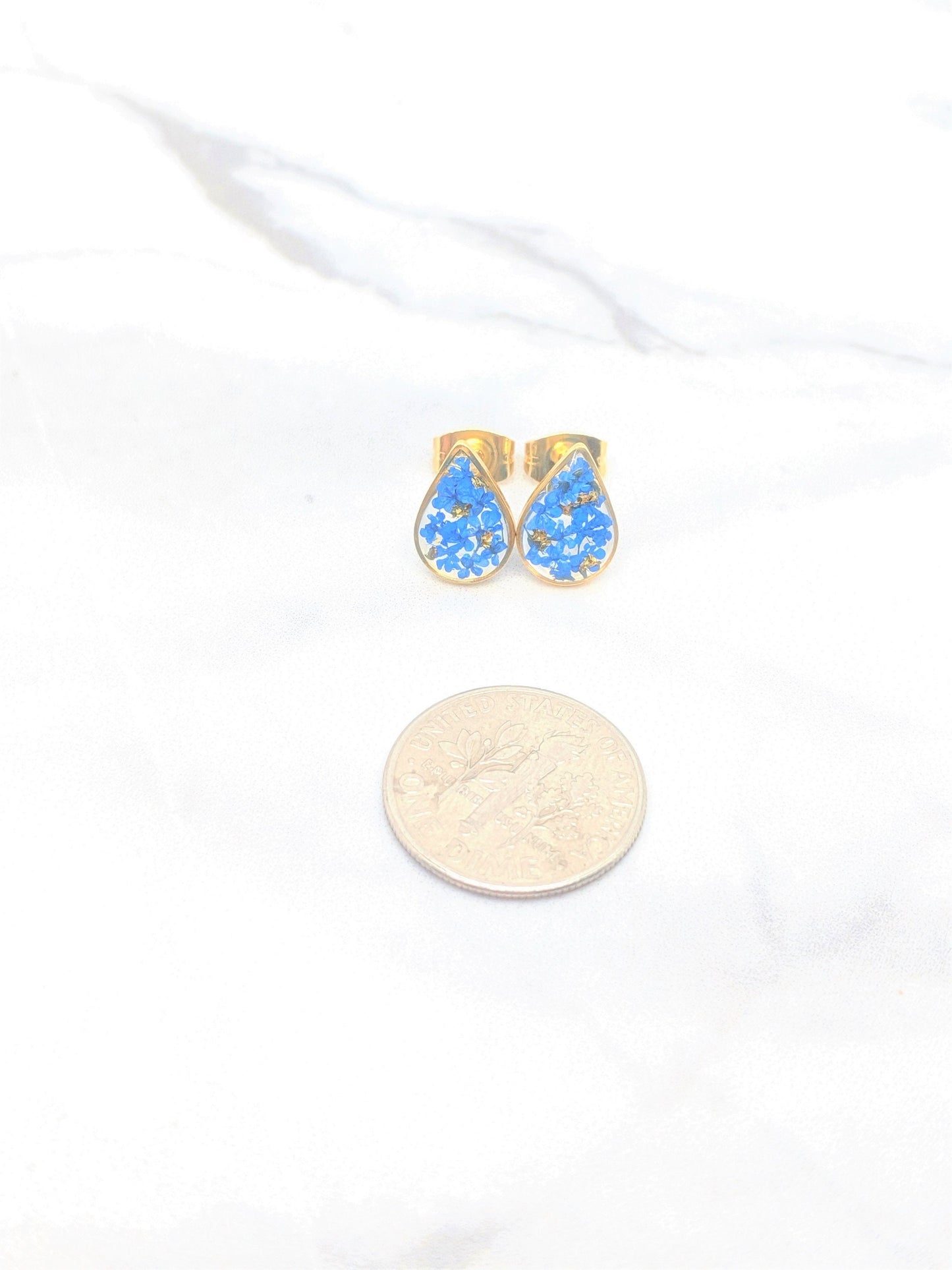 Pressed Flower Earrings, Navy Blue Gold Teardrop Studs, Dark Blue Posts, Pressed Flower Jewelry, Real Dried Flower Earrings, Pressed Flowers