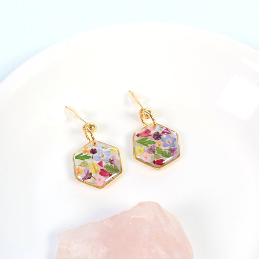 Colorful Mixed Wildflower Small Hexagon Resin Ball Stud Dangle Earrings