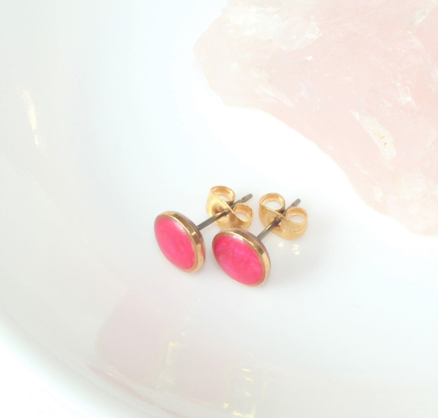 Small Round Bright Pink Stud Earrings