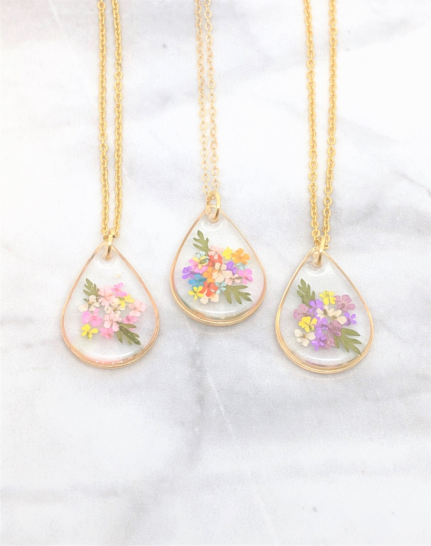 Real Pressed Flower Necklace, Small Teardrop Pendant, Pink & Yellow Bouquet, Gold Fill, Pressed Flower Jewelry, Dry Flower, Flower Girl Gift