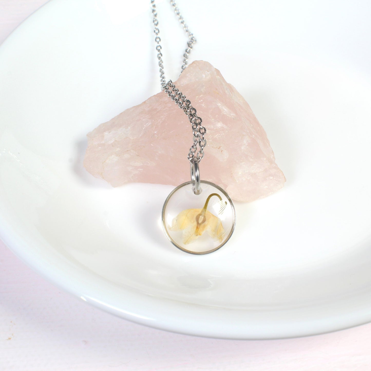 Lily of the Valley Necklace, May birth flower, beige pressed flower pendant, natural jewelry, handmade resin preserved wildflower jewelry