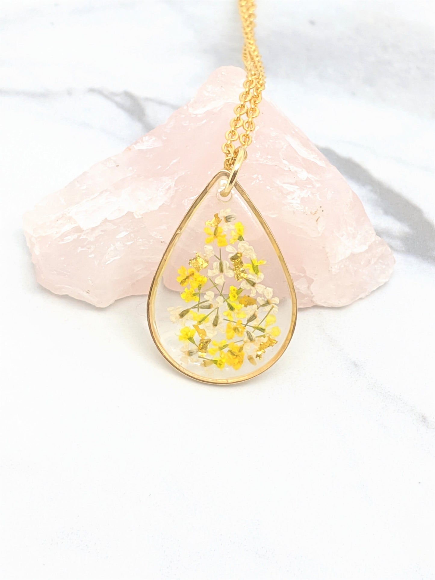 Real Pressed Flower Necklace - Yellow, White, Gold Leaf, Mustard Teardrop Pendant - Pressed Flower Jewelry - Gold Fill Available