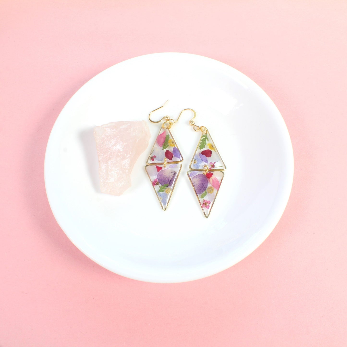 Pressed flower earrings, geometric resin wildflower dangles, handmade botanical jewelry, triangle, unique, bespoke, colorful, gardener gift