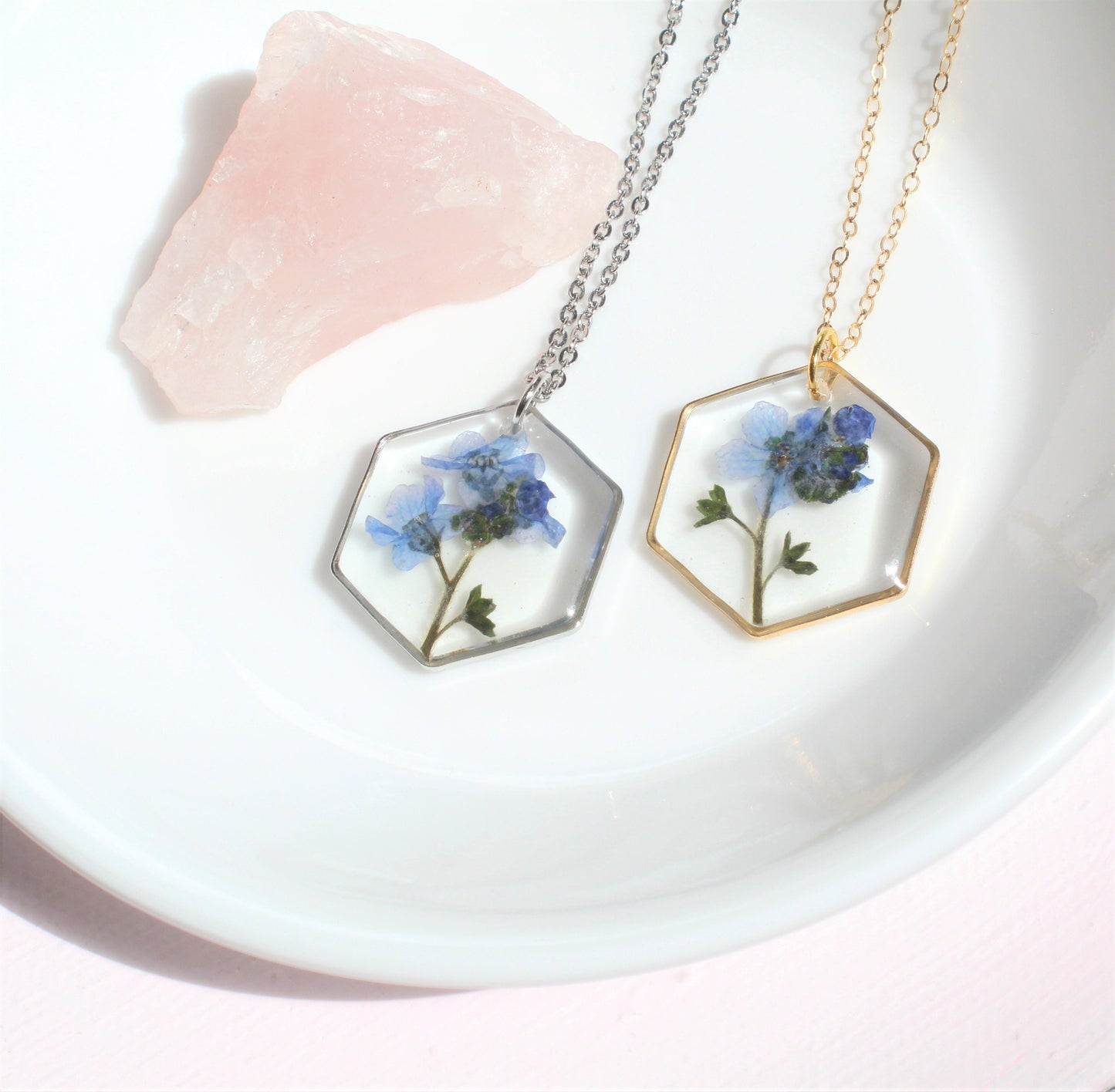 Hexagon Forget-me-not Resin Necklace