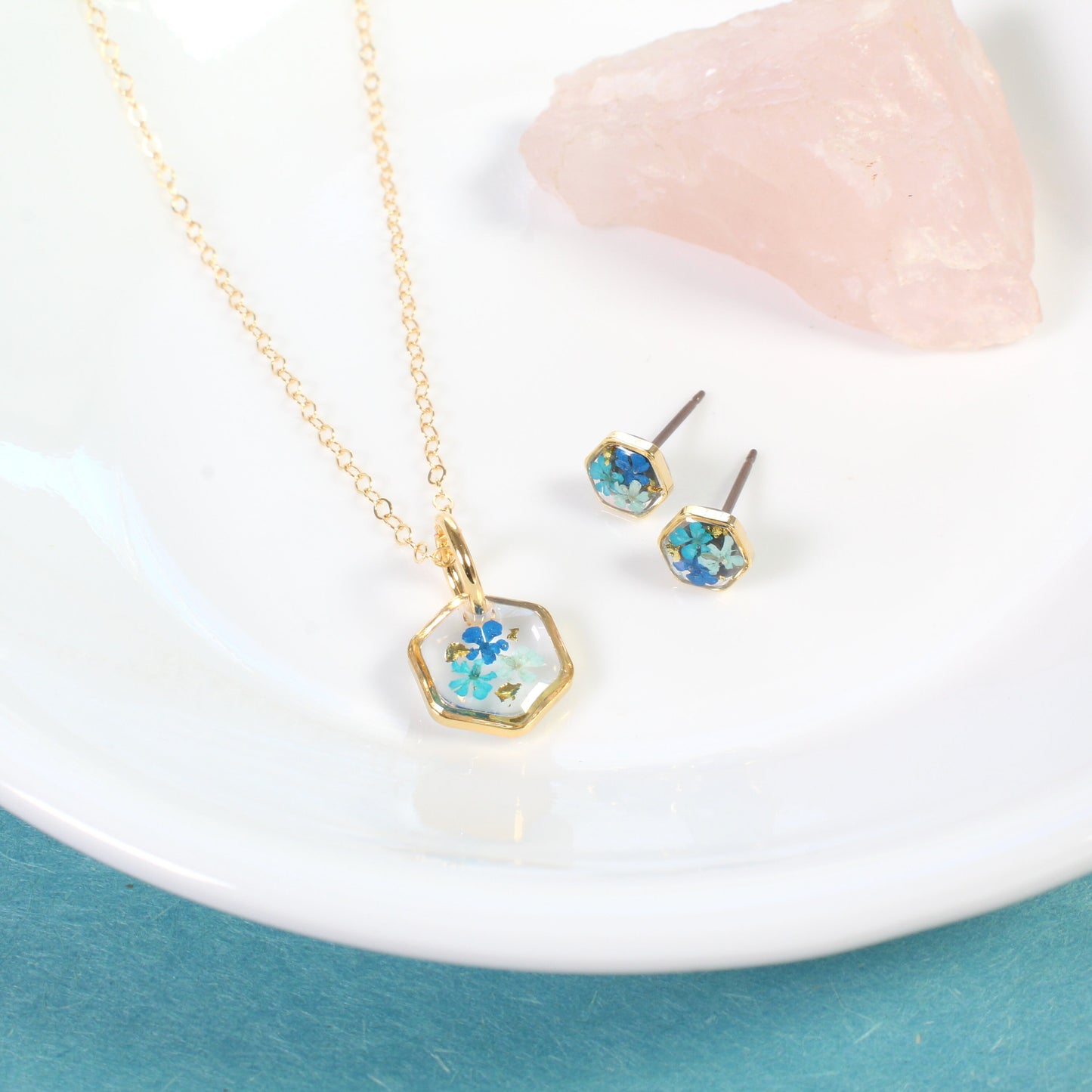 Tiny Real Pressed Flower Earrings, Gold Hexagons in Navy, Teal, Light Blue, Minimalist Studs, Pressed Flower Studs, Titanium posts, jewelry