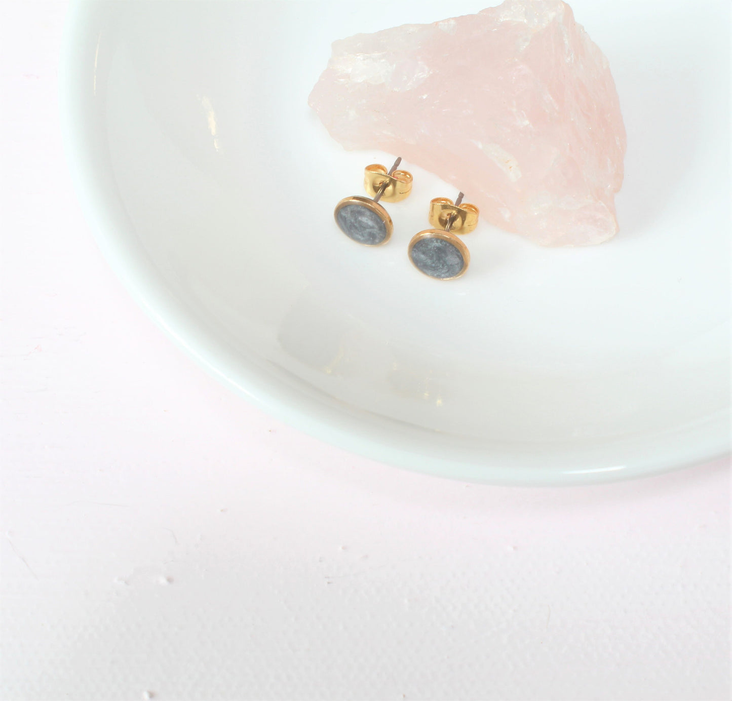 Small Modern Minimalist Gray Studs, Resin Earrings, Hypoallergenic Titanium, Geometric, Gold Circles Slate Gray, Layering, Accent Stud Posts