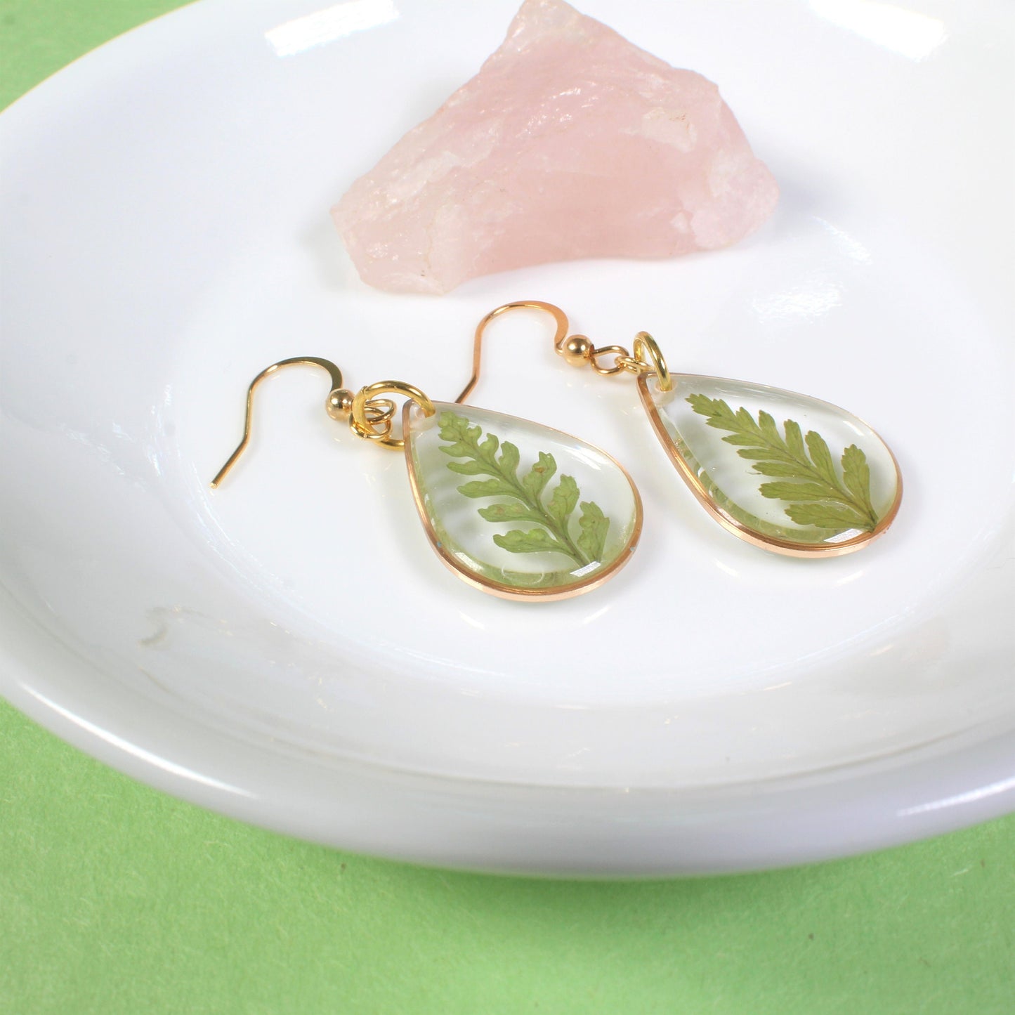 Tiny fern dangle earrings, small teardrop leaf studs, nature lover gift, resin real plant jewelry, pressed flower earrings, dainty, handmade