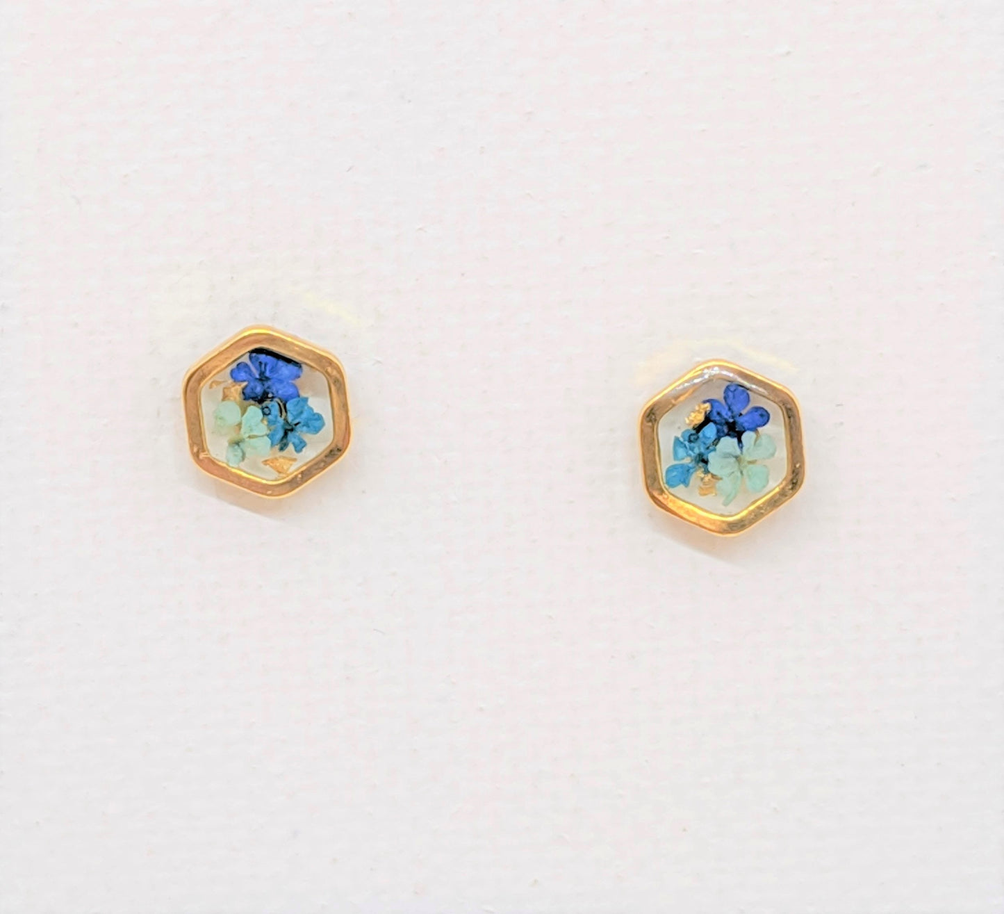 Tiny Real Pressed Flower Earrings, Gold Hexagons in Navy, Teal, Light Blue, Minimalist Studs, Pressed Flower Studs, Titanium posts, jewelry