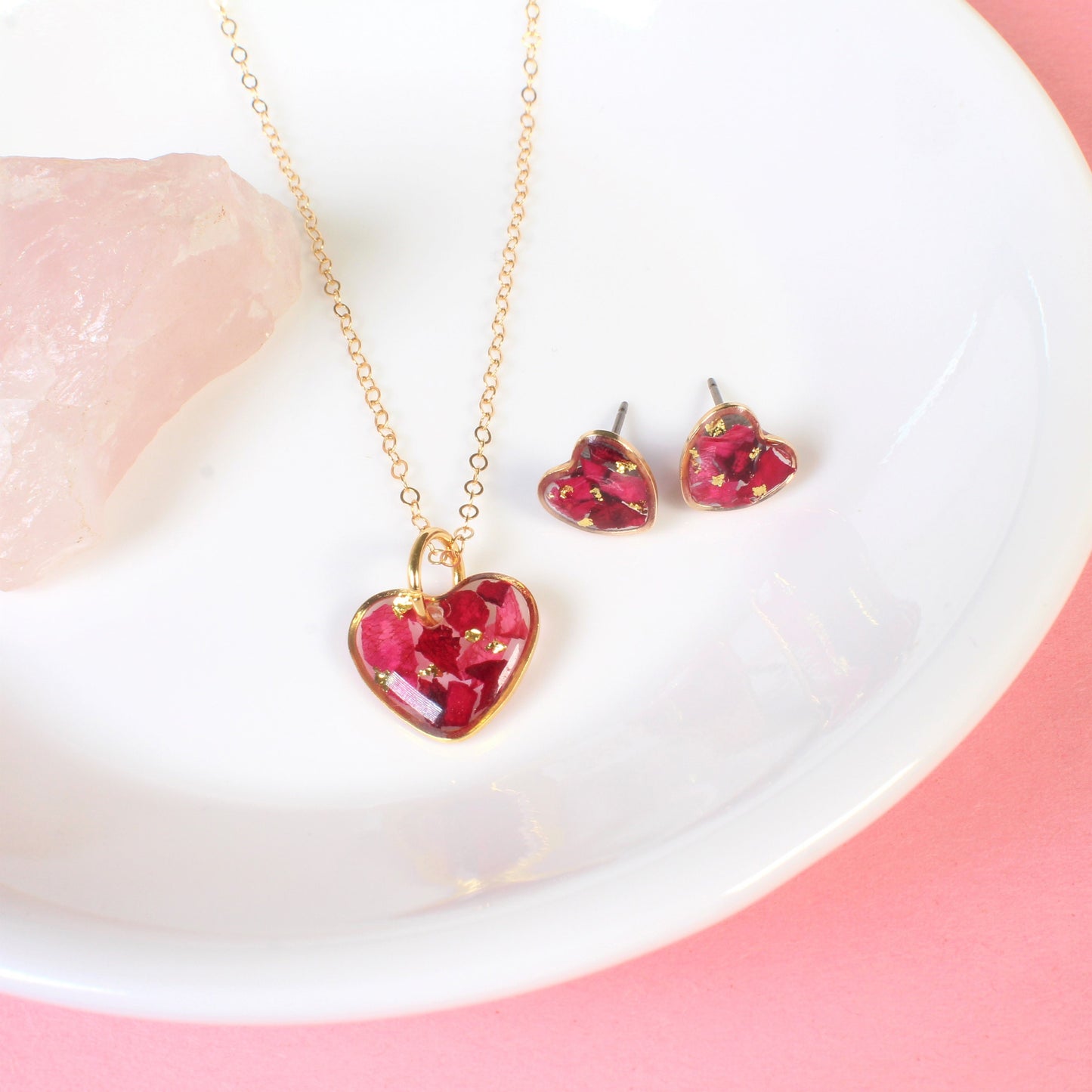 Heart Necklace, Rose Petals in Resin, Gold, Silver, Pressed Flower Jewelry Set, Stud Earrings, Dried Flowers, Mother's Day Gift for Her