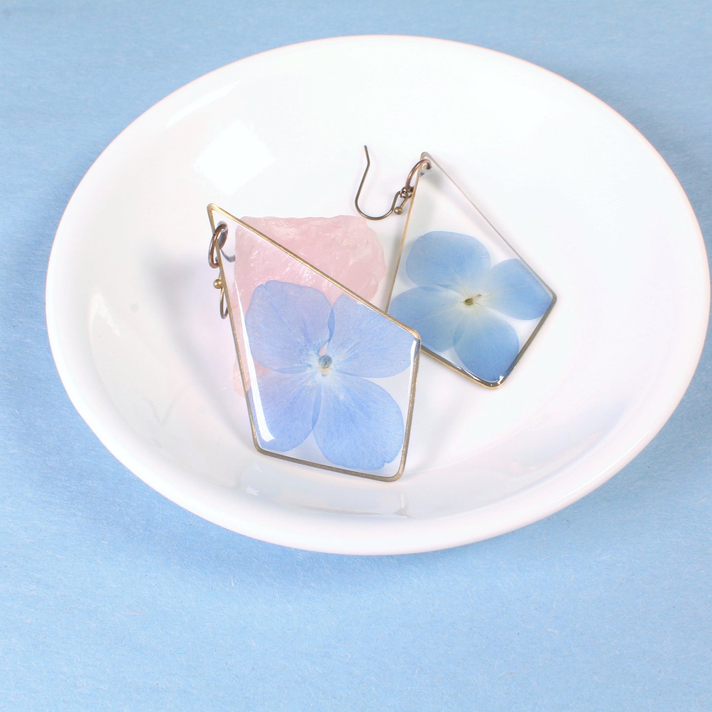 Large hydrangea earrings, blue pressed flower dangle earrings, resin dried flower jewelry, handmade, kite shaped, triangle resin earring