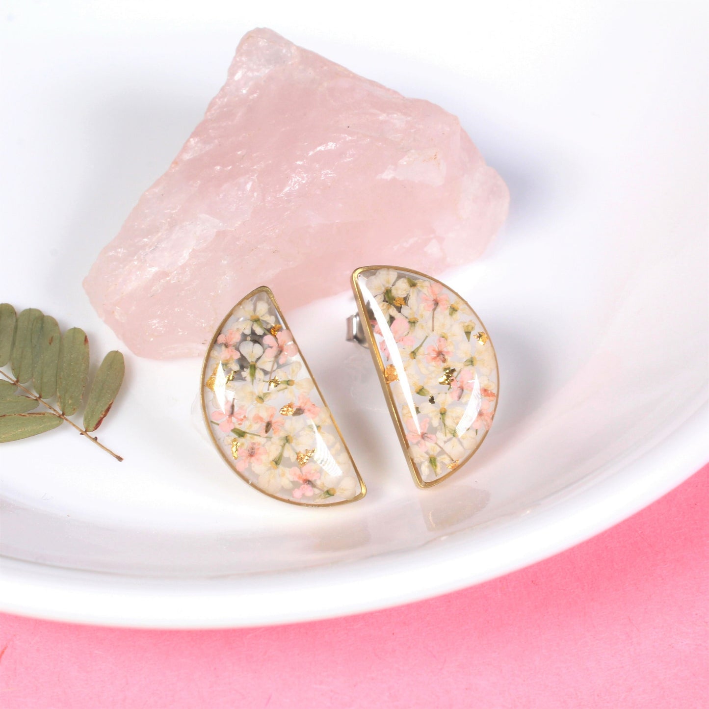 Pressed Flower Semicircle Earrings, Half Moon Resin Studs, Handmade Blush and White Dried Queen Anne's Lace, Hypoallergenic Titanium, Plants