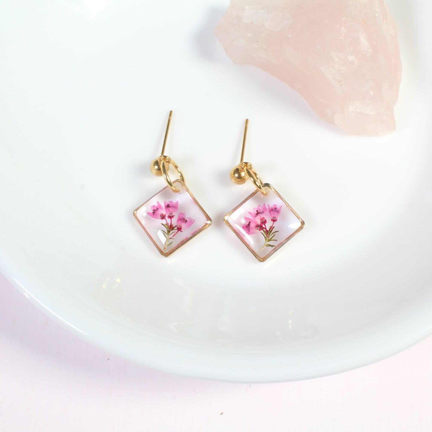 Dainty pink heather pressed flower earrings, small square dangles in silver or gold, handmade resin botanical jewelry, wildflower ball studs